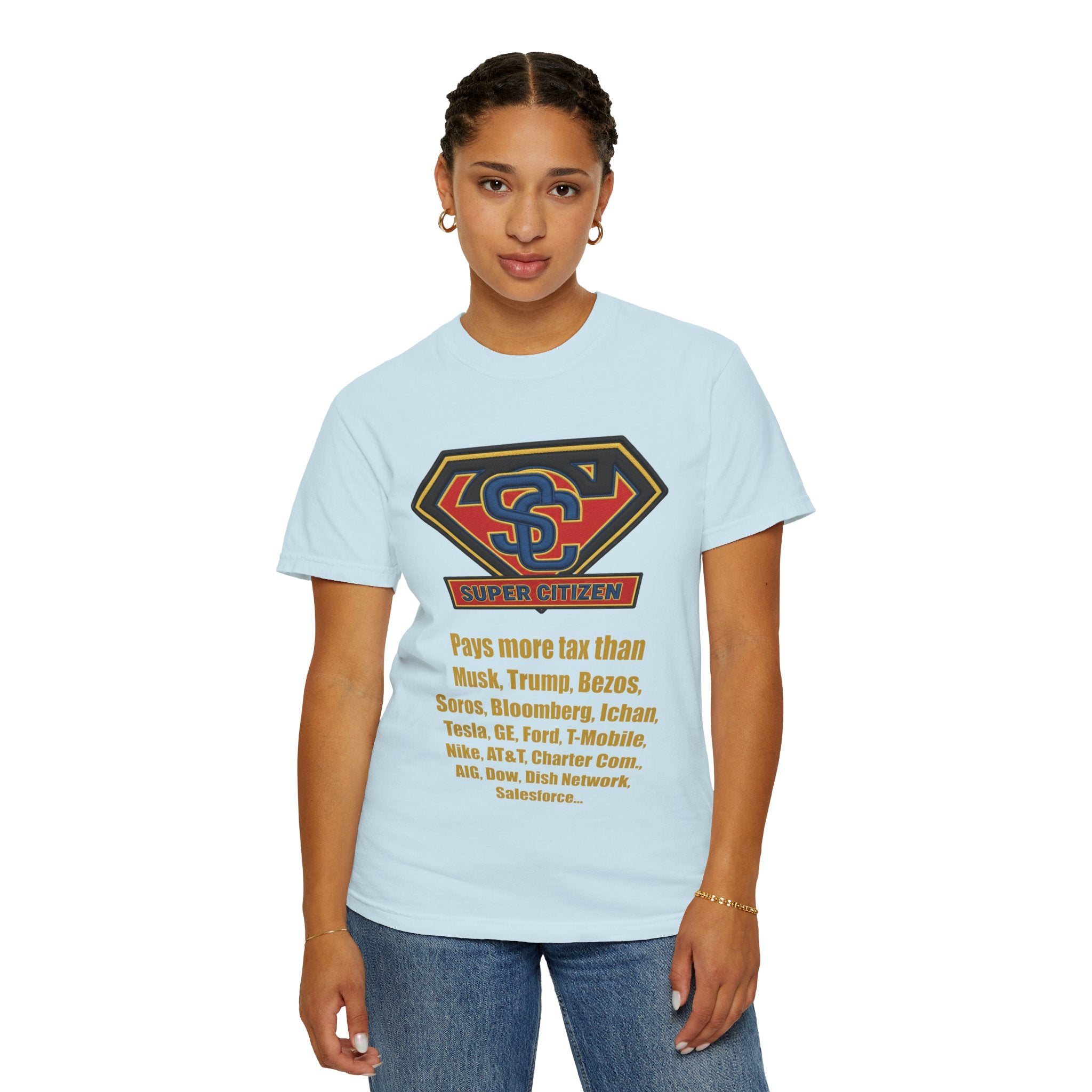 Super Citizen - Printed both sides — "Tax, Tax, Tax" Protest Tee (Yellow Text) - A protest tee for everyday people. Regular citizens pay so many and more taxes than wealthy ones. Wear it to show your...