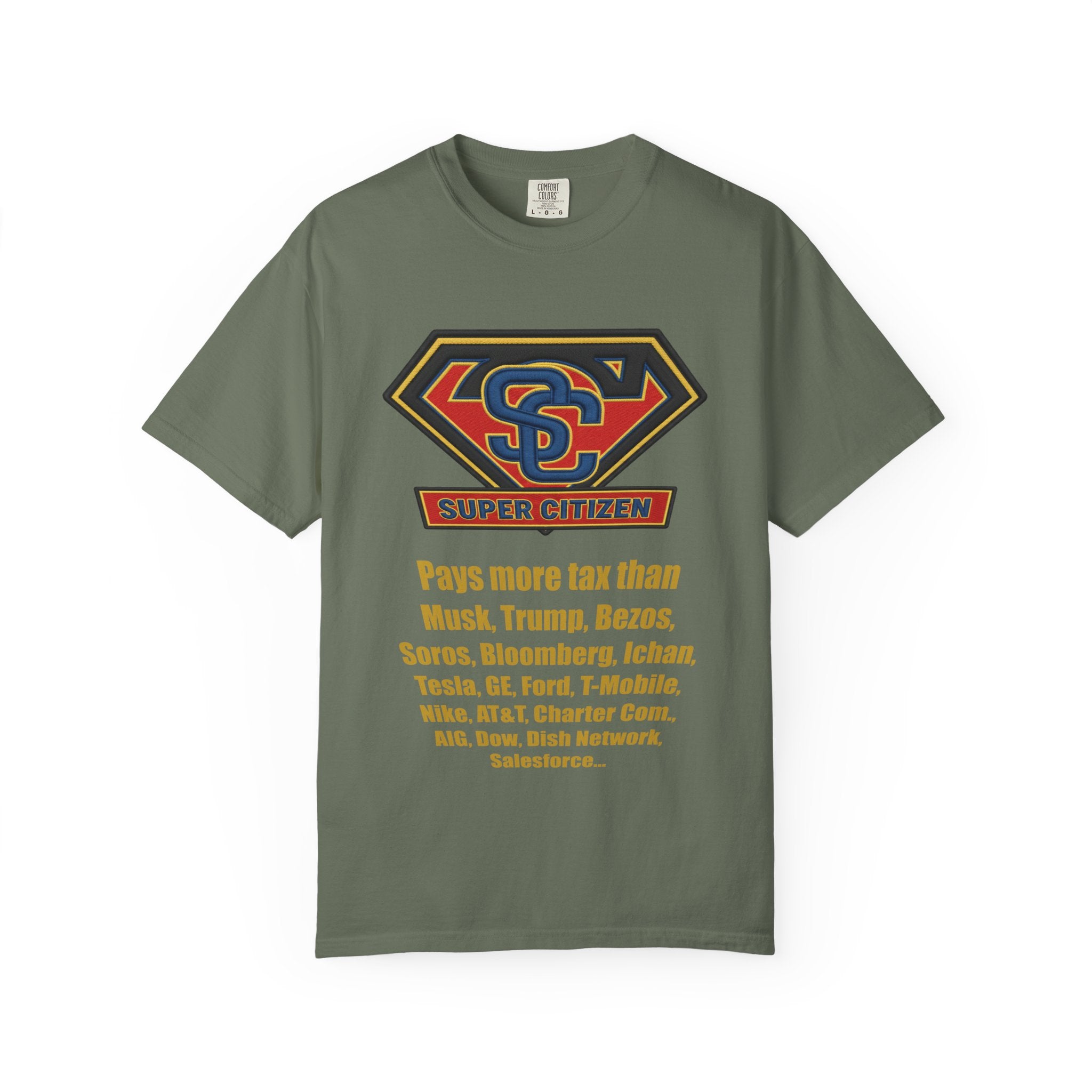 Super Citizen - Printed both sides — "Tax, Tax, Tax" Protest Tee (Yellow Text) - A protest tee for everyday people. Regular citizens pay so many and more taxes than wealthy ones. Wear it to show your...