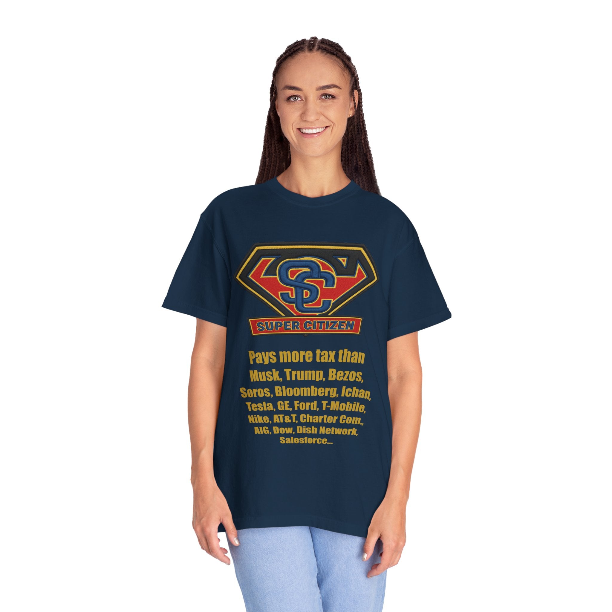 Super Citizen Graphic T-Shirt — "Pays More Tax Than" Protest Tee (Yellow Text) - A protest tee for everyday people. Regular citizens pay more taxes than wealthy ones. Wear it to show your frustration...
