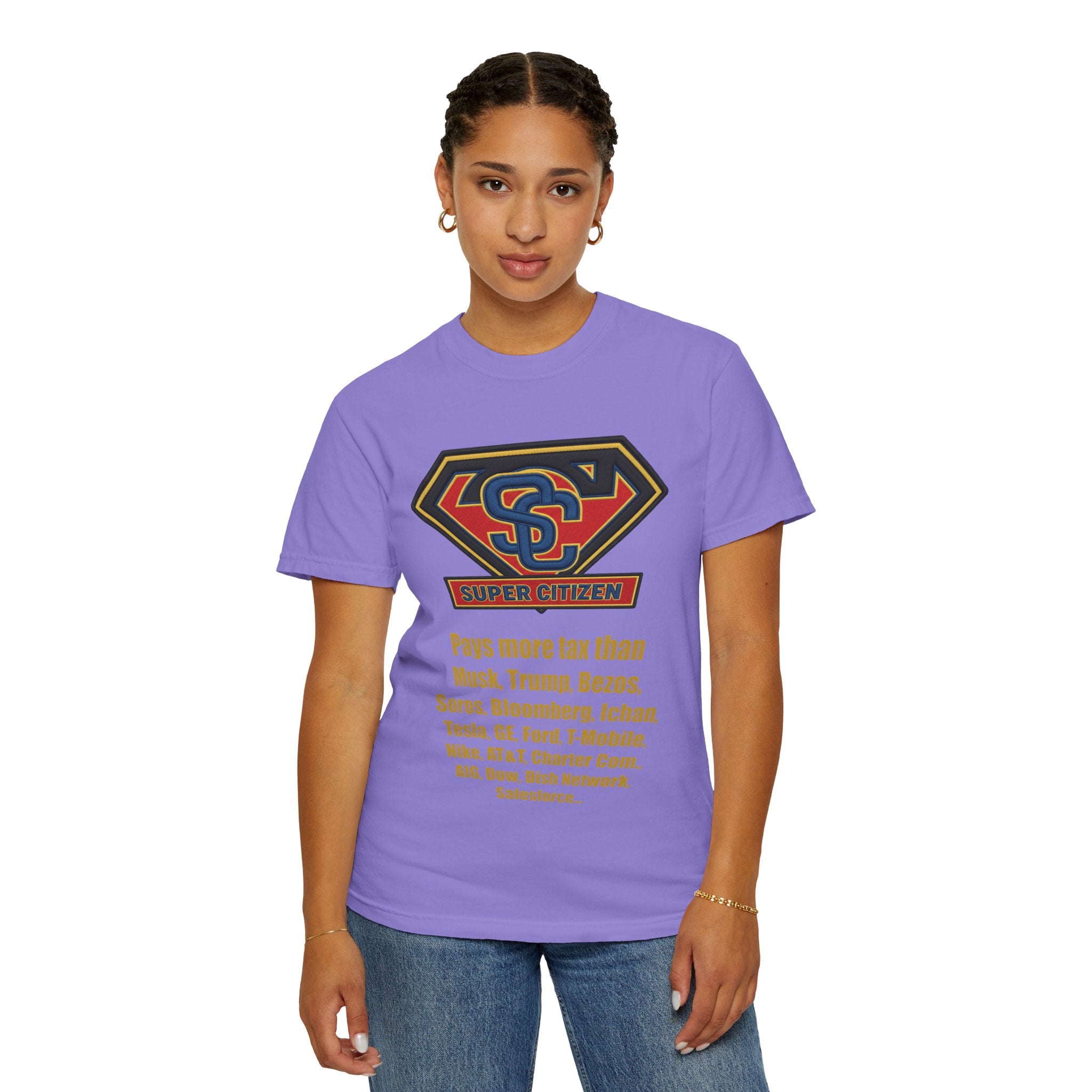 Super Citizen Graphic T-Shirt — "Pays More Tax Than" Protest Tee (Yellow Text) - A protest tee for everyday people. Regular citizens pay more taxes than wealthy ones. Wear it to show your frustration...