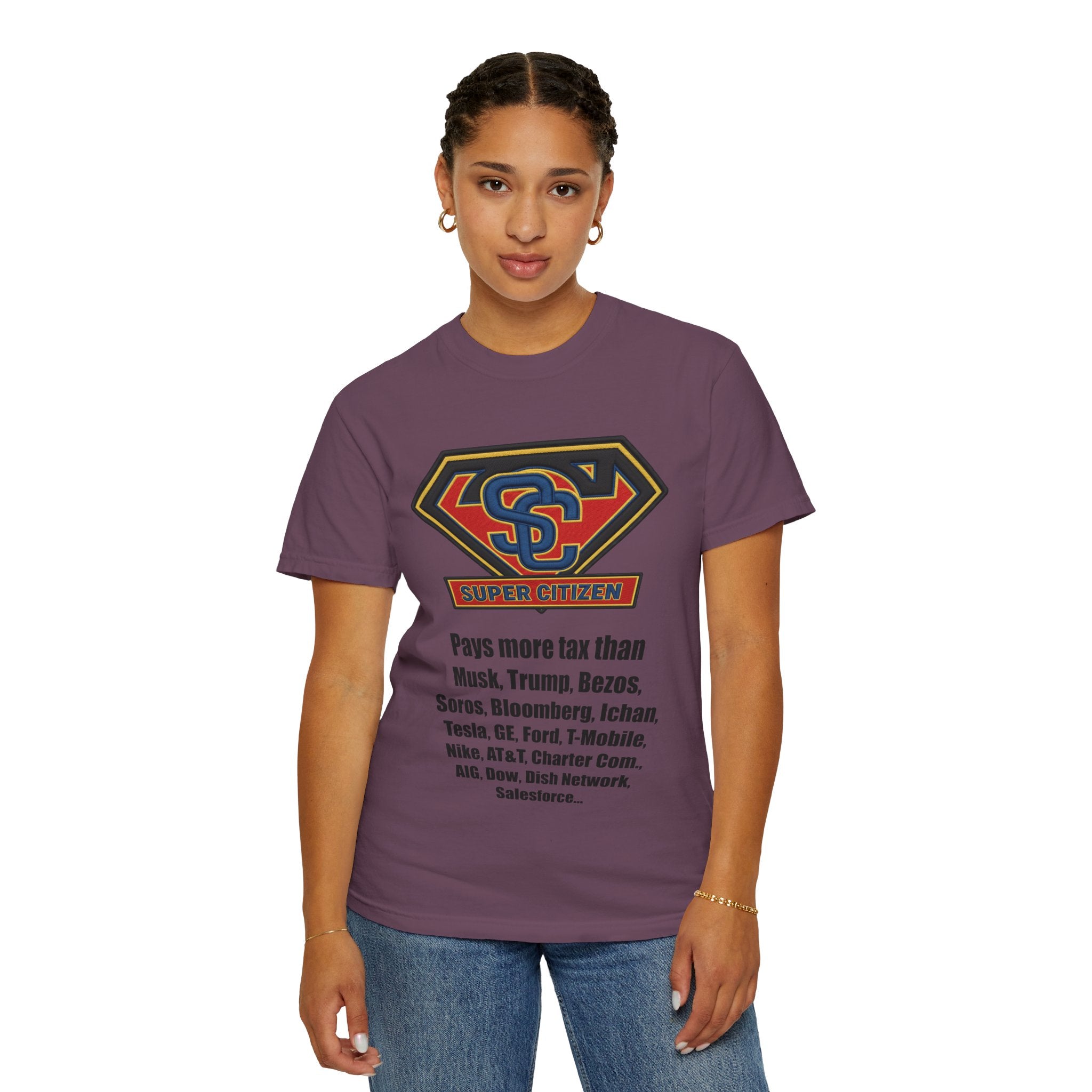 Super Citizen Graphic T-Shirt — "Pays More Tax Than" Protest Tee (Black Text) -  A protest tee for everyday people. Regular citizens pay more taxes than wealthy ones.  Wear it to show your frustration...