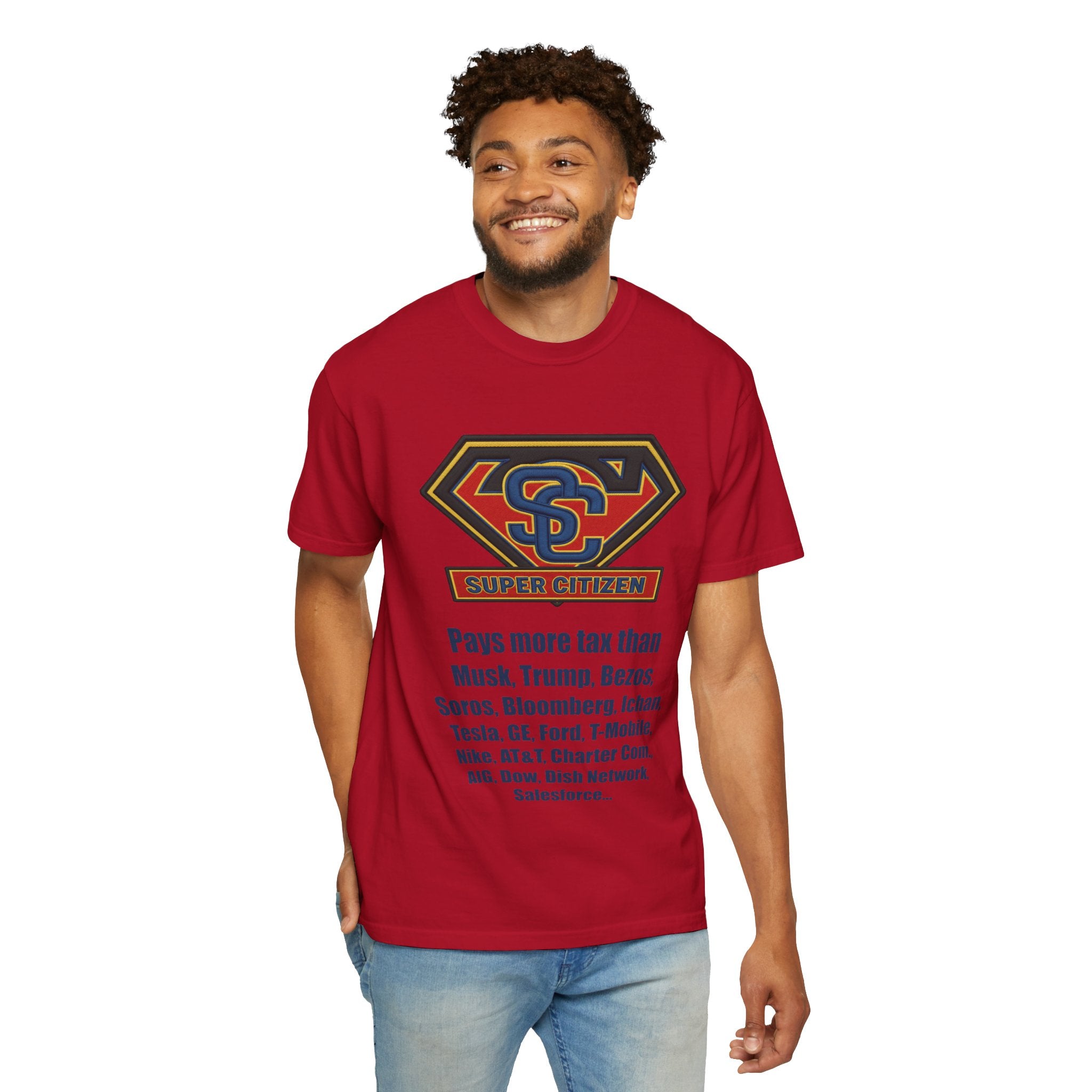 Super Citizen Graphic T-Shirt — "Pays More Tax Than" Protest Tee (Blue Text) -  A protest tee for everyday people. Regular citizens pay more taxes than wealthy ones.  Wear it to show your frustration...