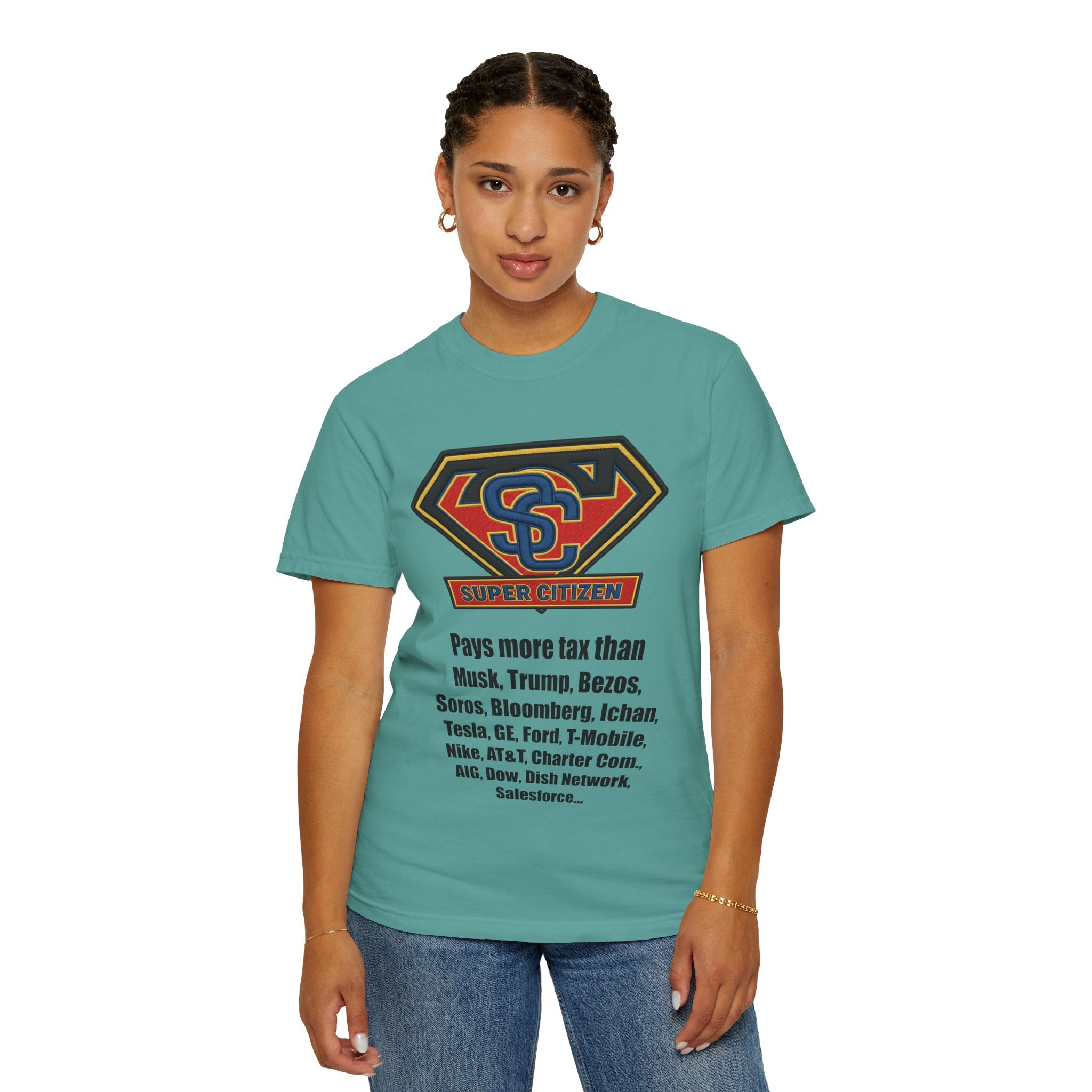 Super Citizen Graphic T-Shirt — "Pays More Tax Than" Protest Tee (Black Text) -  A protest tee for everyday people. Regular citizens pay more taxes than wealthy ones.  Wear it to show your frustration...