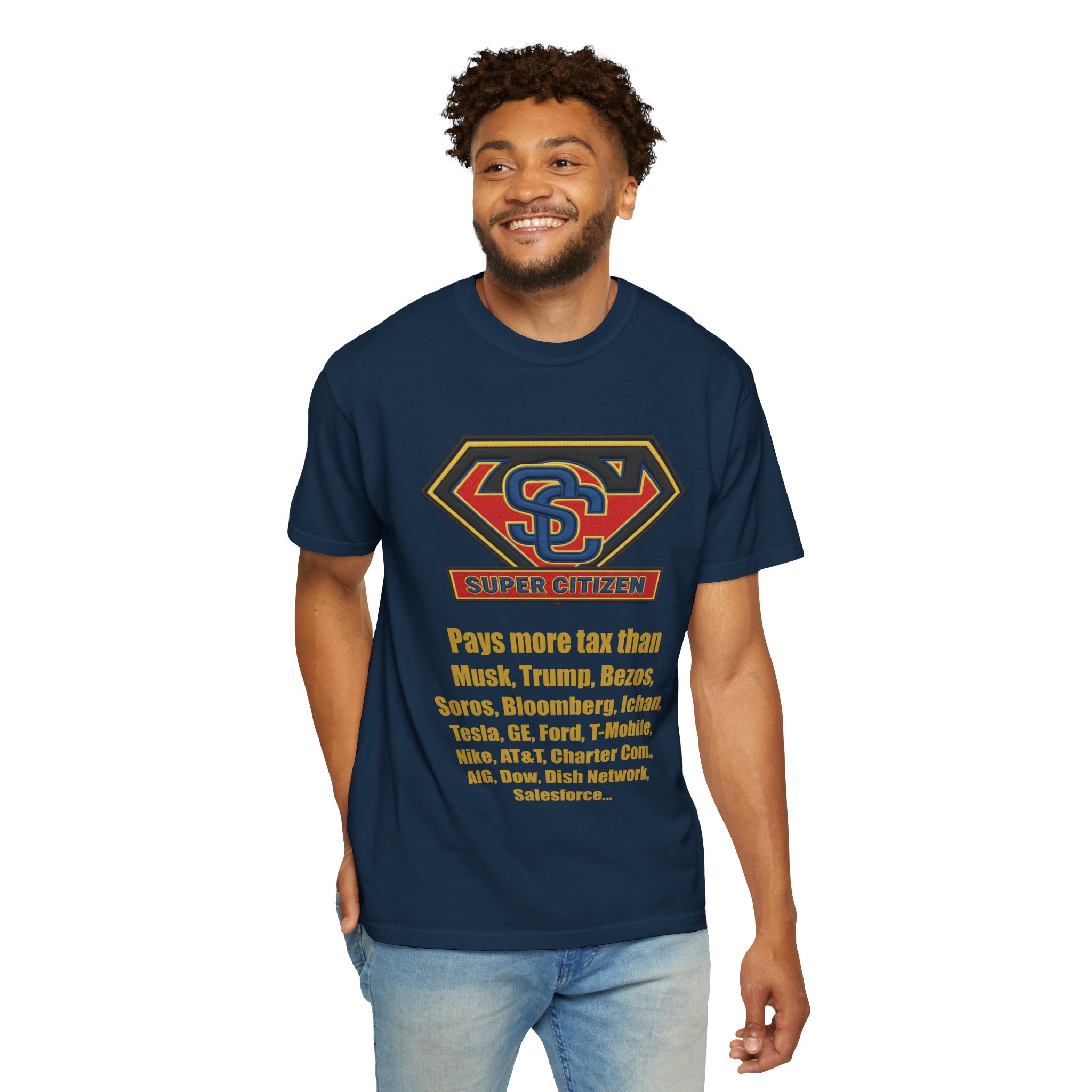 Super Citizen - Printed both sides — "Tax, Tax, Tax" Protest Tee (Yellow Text) - A protest tee for everyday people. Regular citizens pay so many and more taxes than wealthy ones. Wear it to show your...