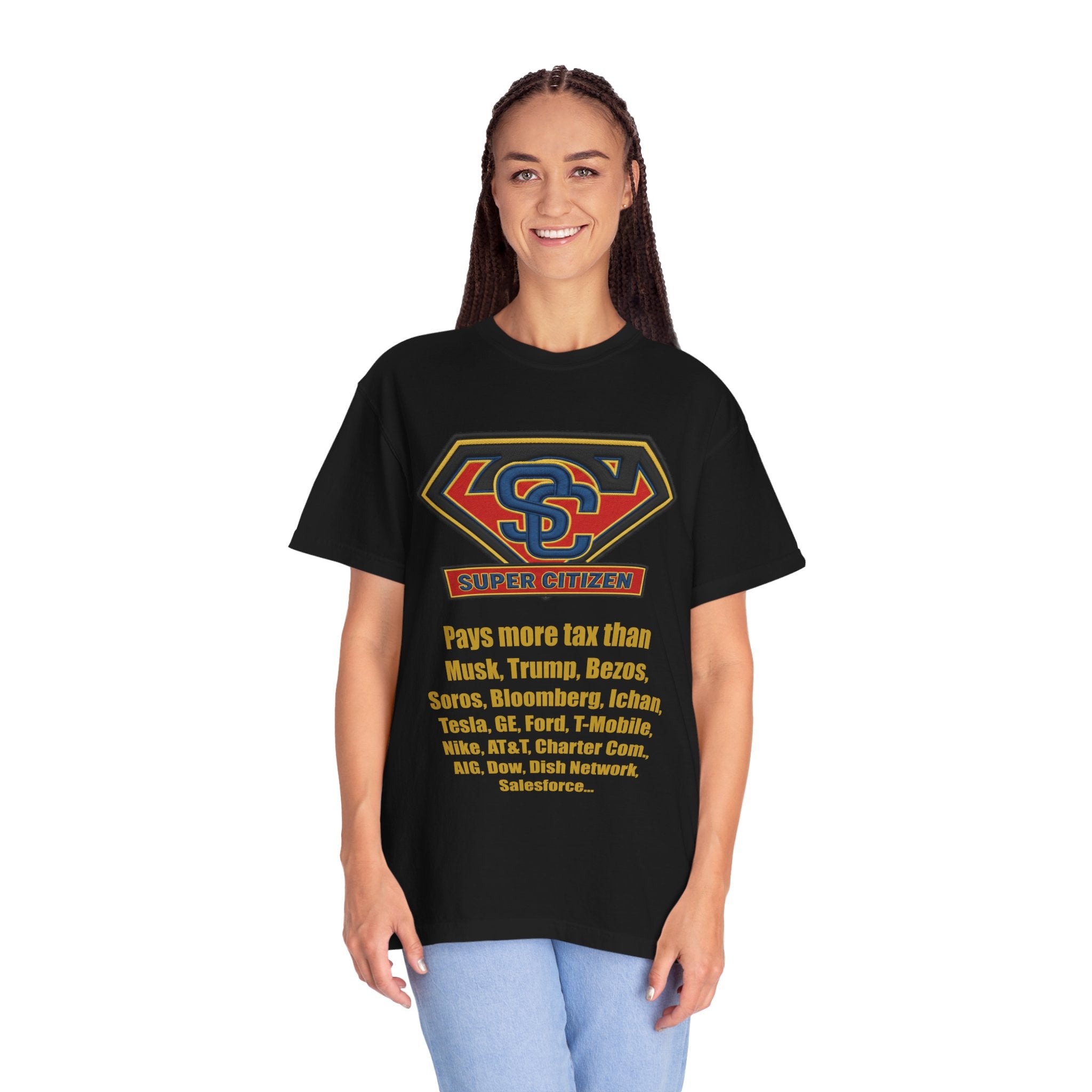 Super Citizen Graphic T-Shirt — "Pays More Tax Than" Protest Tee (Yellow Text) - A protest tee for everyday people. Regular citizens pay more taxes than wealthy ones. Wear it to show your frustration...