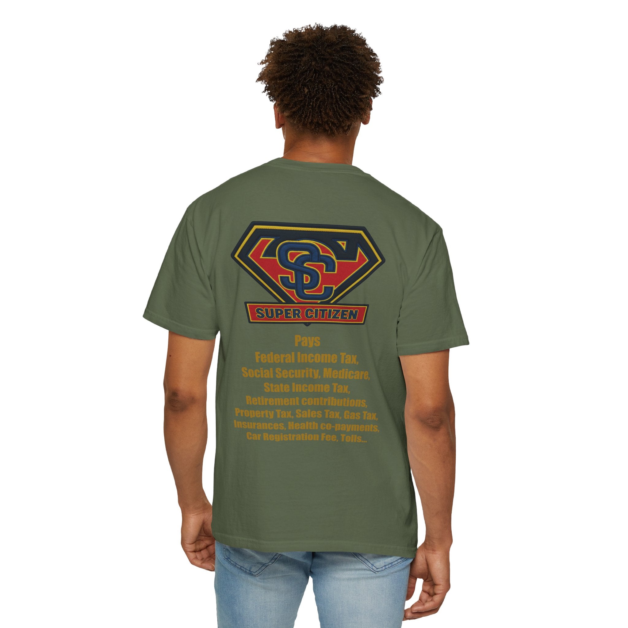 Super Citizen - Printed both sides — "Tax, Tax, Tax" Protest Tee (Yellow Text) - A protest tee for everyday people. Regular citizens pay so many and more taxes than wealthy ones. Wear it to show your...