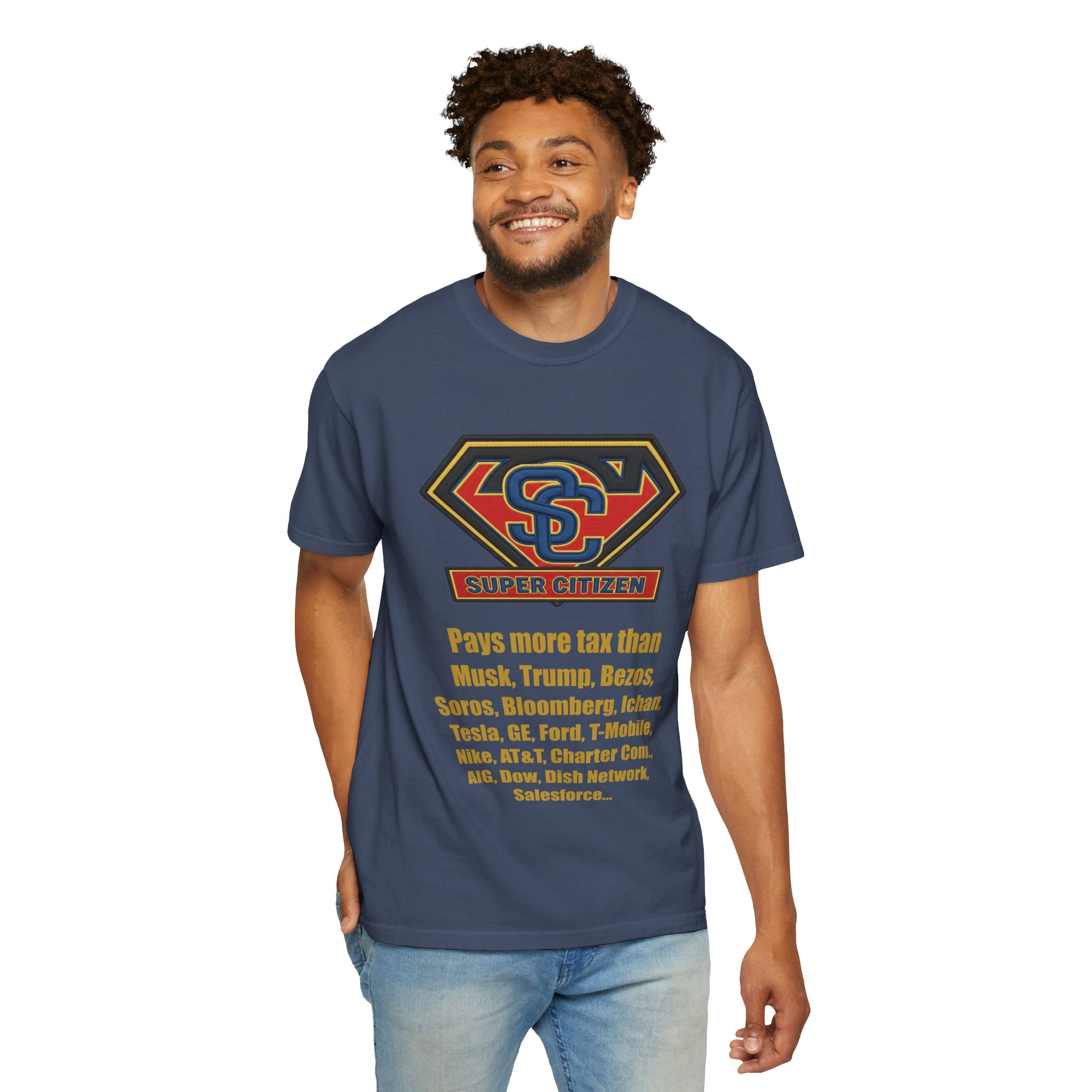 Super Citizen - Printed both sides — "Tax, Tax, Tax" Protest Tee (Yellow Text) - A protest tee for everyday people. Regular citizens pay so many and more taxes than wealthy ones. Wear it to show your...