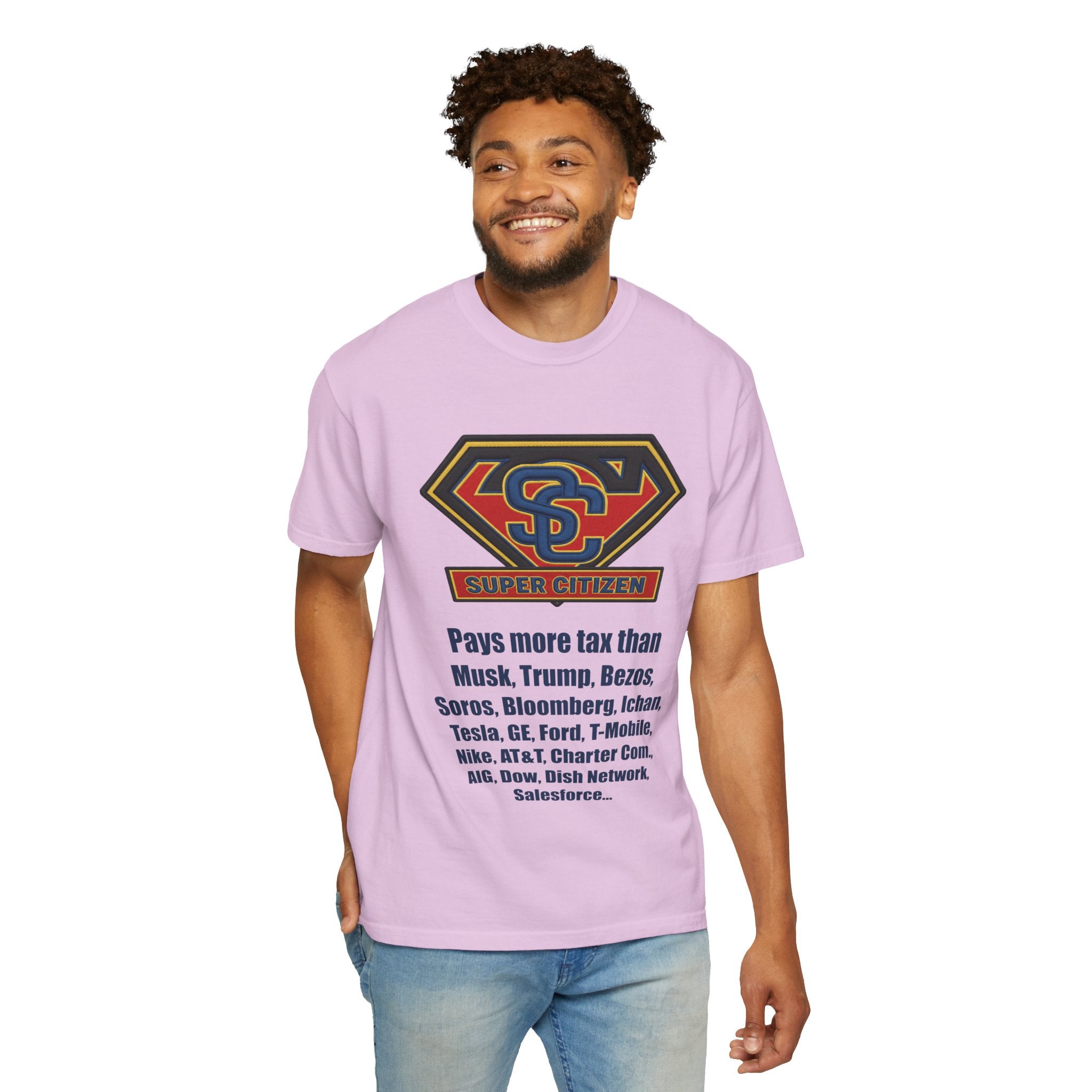 Super Citizen Graphic T-Shirt — "Pays More Tax Than" Protest Tee (Blue Text) -  A protest tee for everyday people. Regular citizens pay more taxes than wealthy ones.  Wear it to show your frustration...
