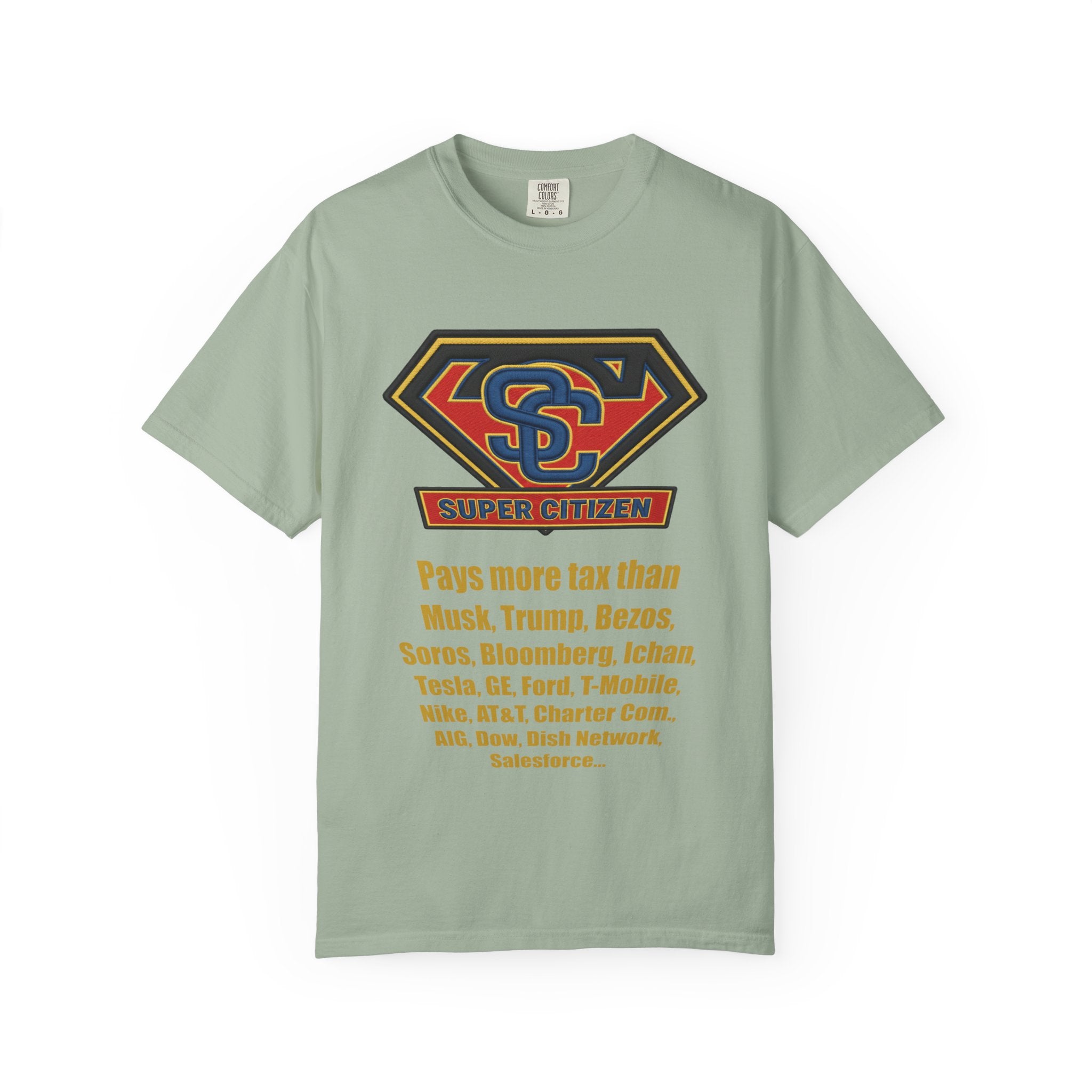 Super Citizen - Printed both sides — "Tax, Tax, Tax" Protest Tee (Yellow Text) - A protest tee for everyday people. Regular citizens pay so many and more taxes than wealthy ones. Wear it to show your...