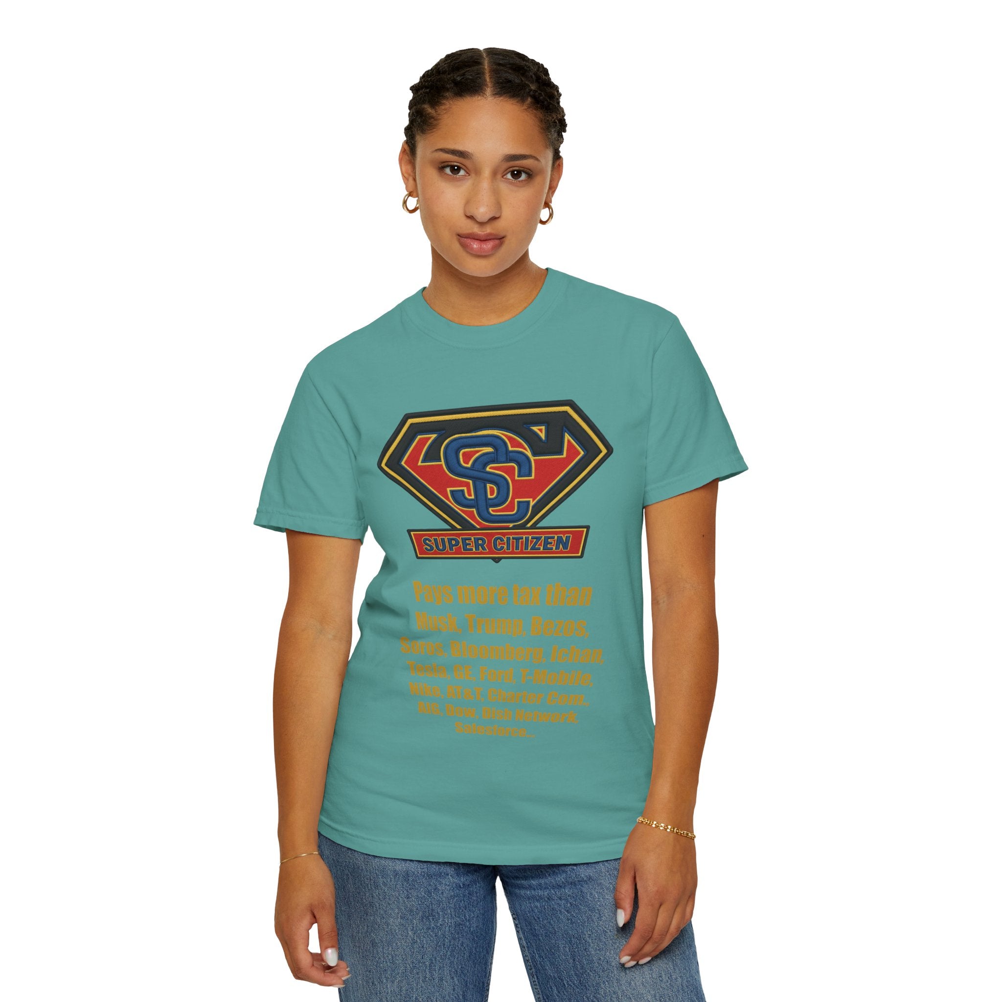 Super Citizen - Printed both sides — "Tax, Tax, Tax" Protest Tee (Yellow Text) - A protest tee for everyday people. Regular citizens pay so many and more taxes than wealthy ones. Wear it to show your...