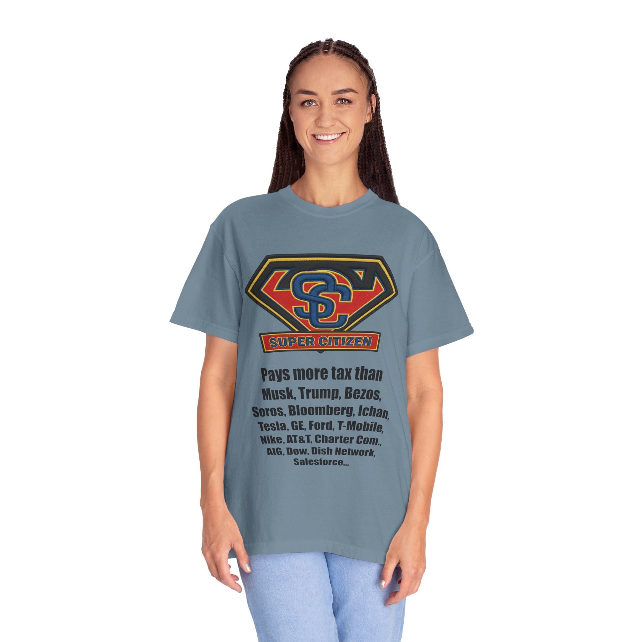 Super Citizen Graphic T-Shirt — "Pays More Tax Than" Protest Tee (Black Text) -  A protest tee for everyday people. Regular citizens pay more taxes than wealthy ones.  Wear it to show your frustration...