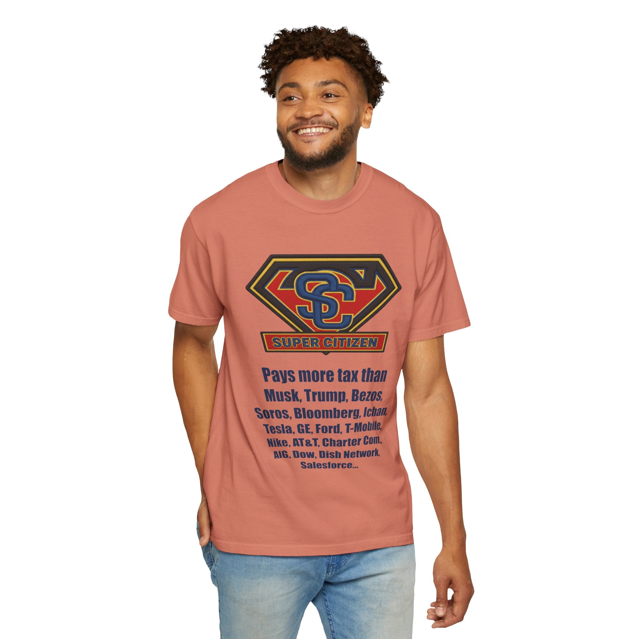 Super Citizen - Printed both sides — "Tax, Tax, Tax" Protest Tee (Blue Text) -  A protest tee for everyday people. Regular citizens pay so many and more taxes than wealthy ones.  Wear it to show your...