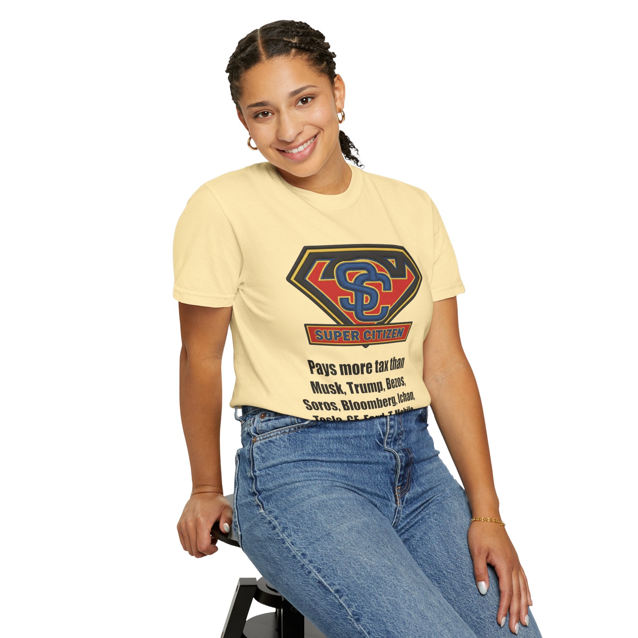 Super Citizen Graphic T-Shirt — "Pays More Tax Than" Protest Tee (Black Text) -  A protest tee for everyday people. Regular citizens pay more taxes than wealthy ones.  Wear it to show your frustration...