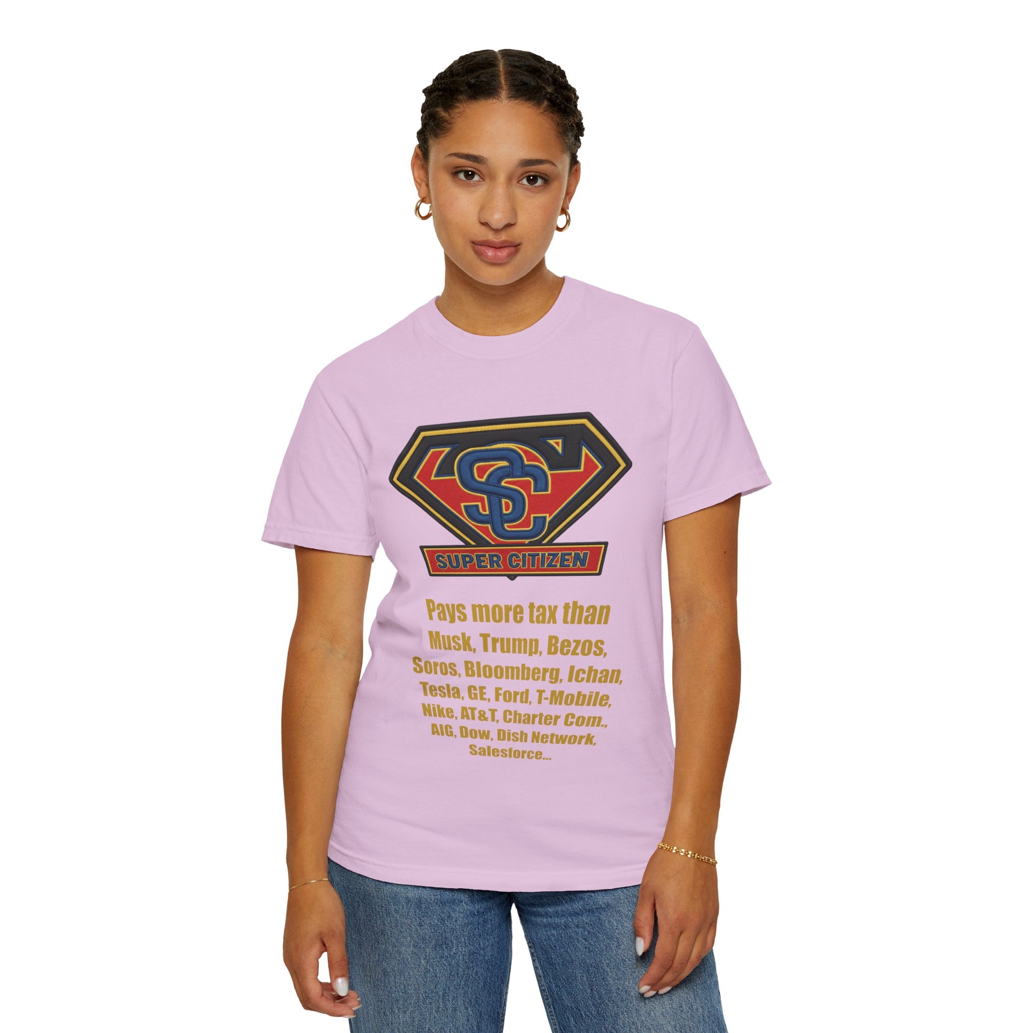 Super Citizen - Printed both sides — "Tax, Tax, Tax" Protest Tee (Yellow Text) - A protest tee for everyday people. Regular citizens pay so many and more taxes than wealthy ones. Wear it to show your...