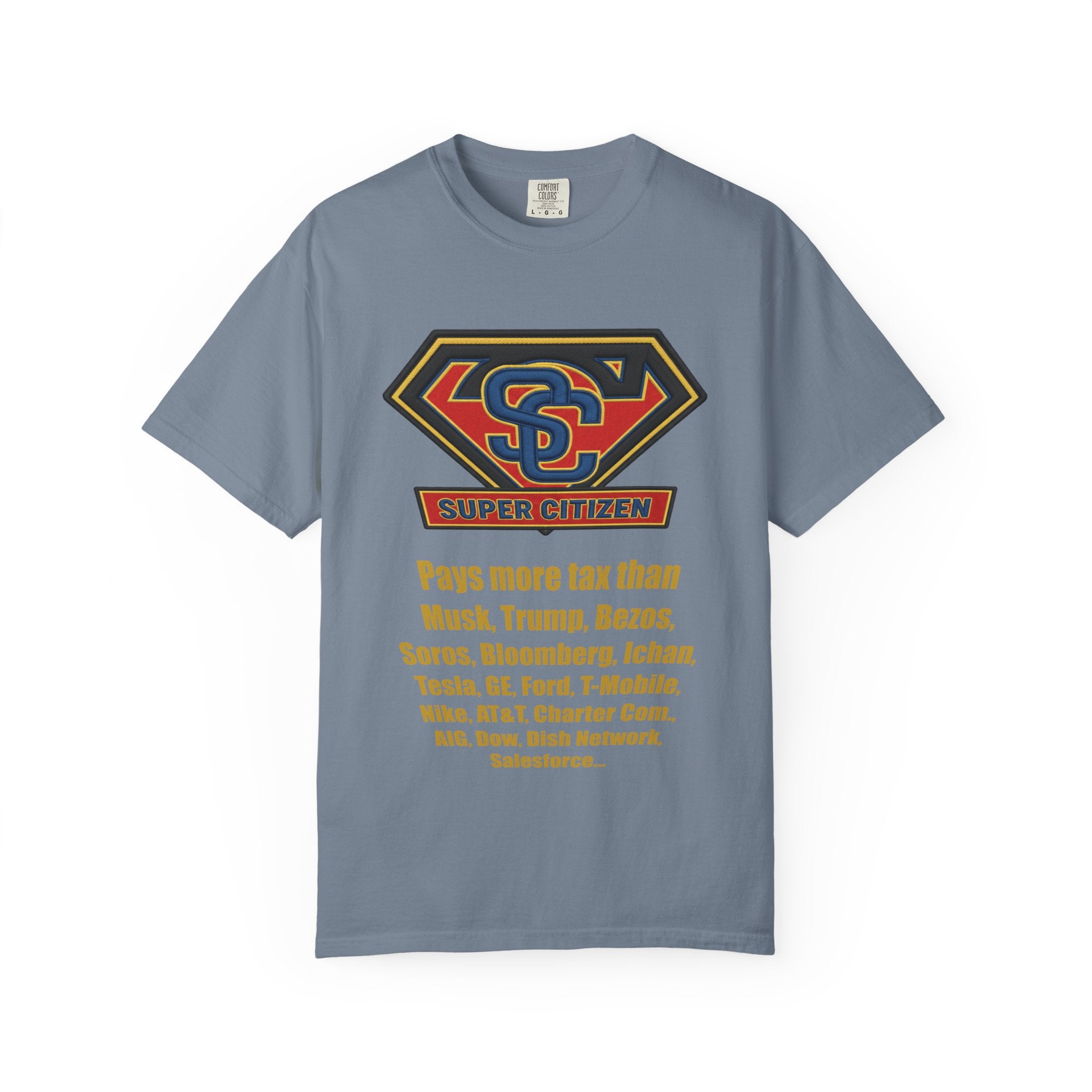 Super Citizen - Printed both sides — "Tax, Tax, Tax" Protest Tee (Yellow Text) - A protest tee for everyday people. Regular citizens pay so many and more taxes than wealthy ones. Wear it to show your...