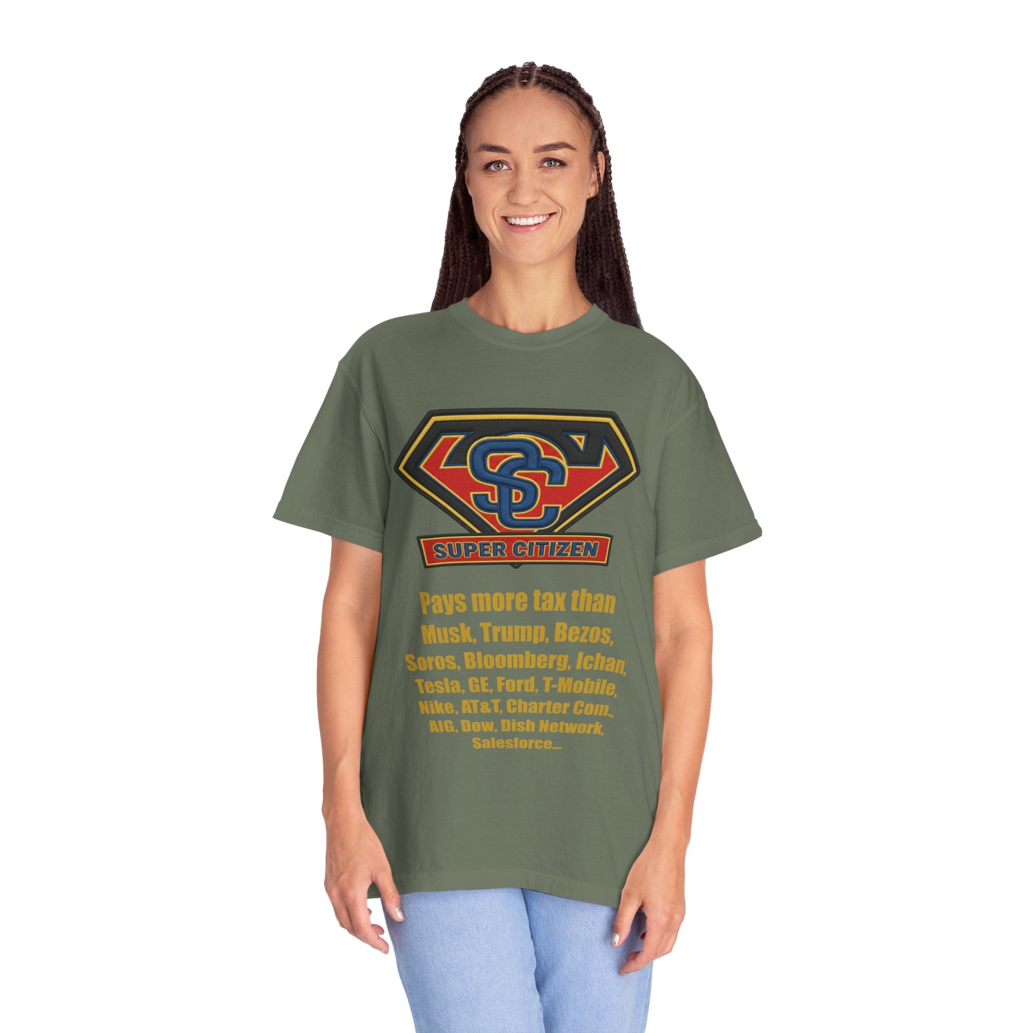 Super Citizen Graphic T-Shirt — "Pays More Tax Than" Protest Tee (Yellow Text) - A protest tee for everyday people. Regular citizens pay more taxes than wealthy ones. Wear it to show your frustration...