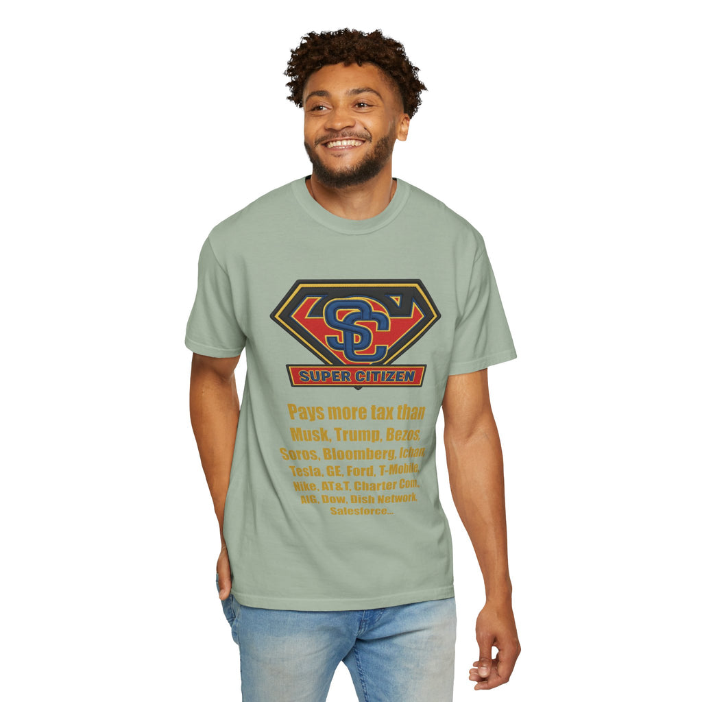 Super Citizen Graphic T-Shirt — "Pays More Tax Than" Protest Tee (Yellow Text) - A protest tee for everyday people. Regular citizens pay more taxes than wealthy ones. Wear it to show your frustration...