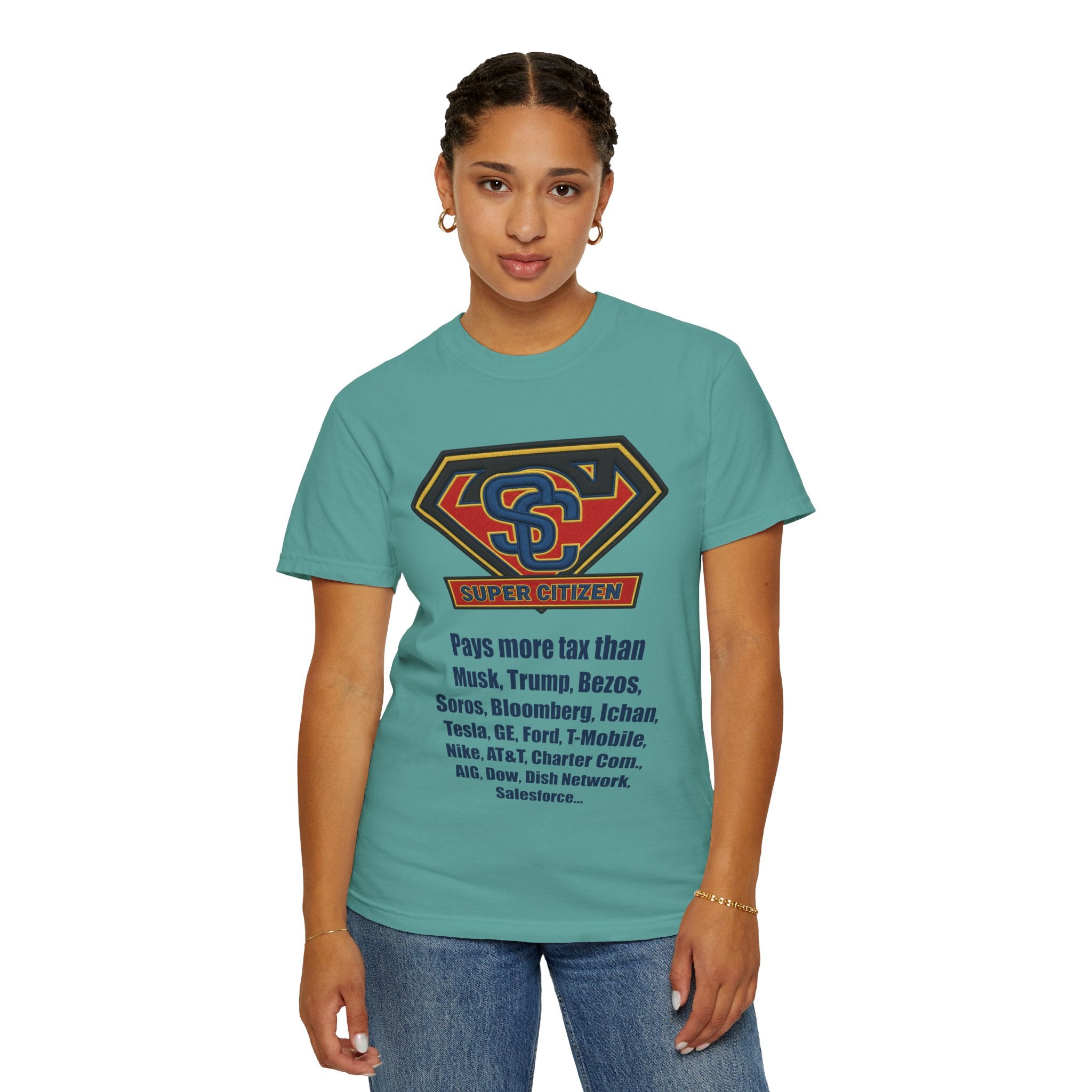 Super Citizen - Printed both sides — "Tax, Tax, Tax" Protest Tee (Blue Text) -  A protest tee for everyday people. Regular citizens pay so many and more taxes than wealthy ones.  Wear it to show your...