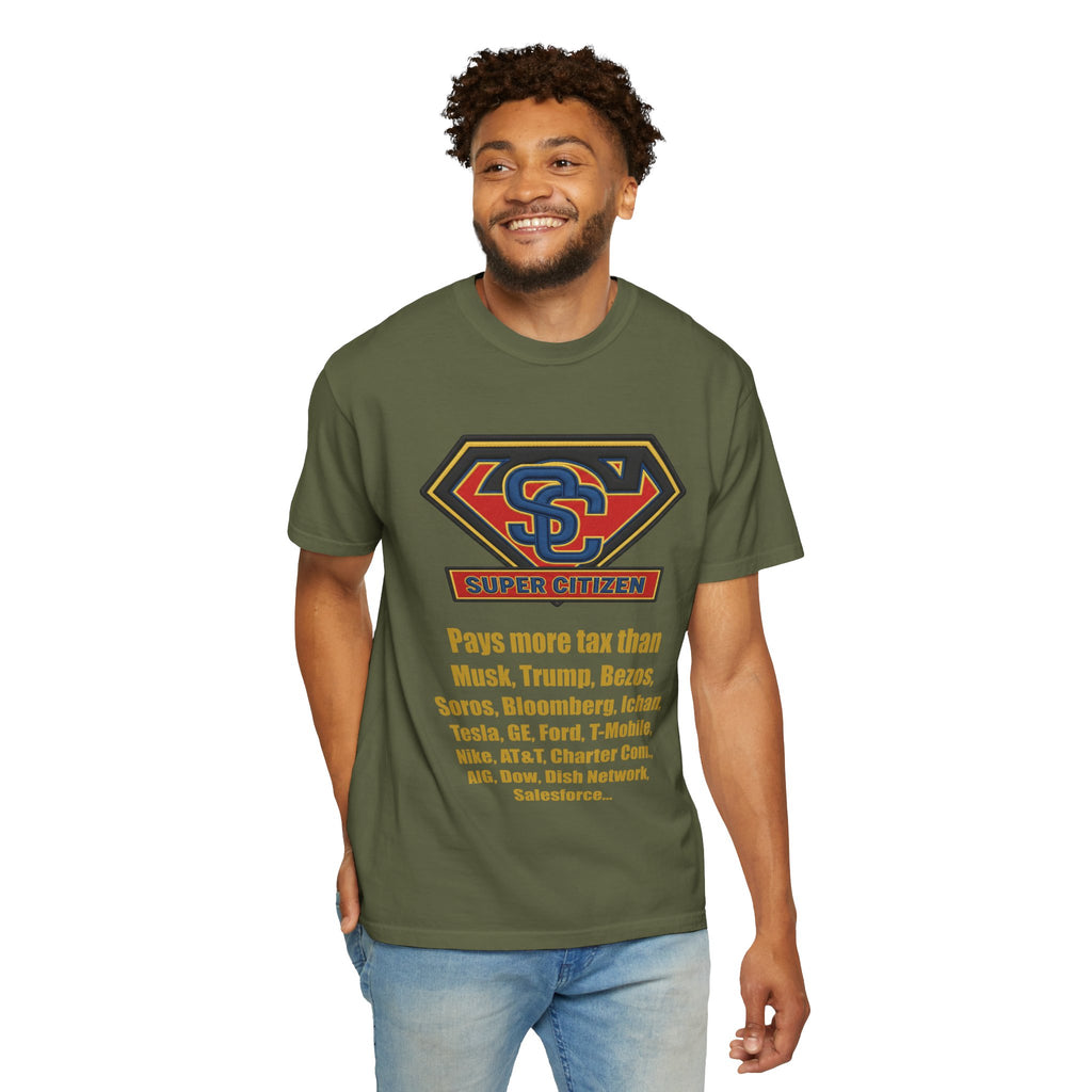 Super Citizen Graphic T-Shirt — "Pays More Tax Than" Protest Tee (Yellow Text) - A protest tee for everyday people. Regular citizens pay more taxes than wealthy ones. Wear it to show your frustration...