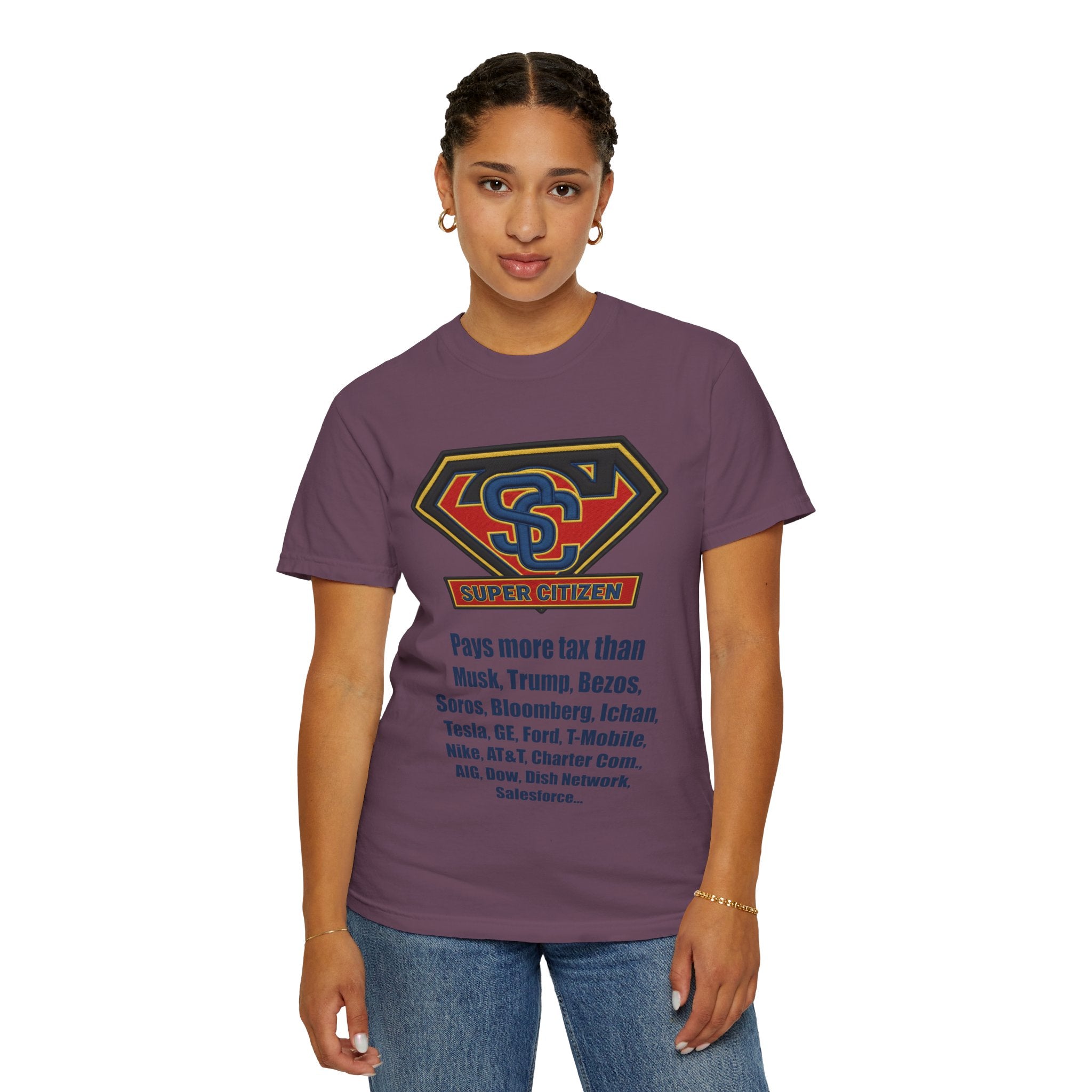 Super Citizen - Printed both sides — "Tax, Tax, Tax" Protest Tee (Blue Text) -  A protest tee for everyday people. Regular citizens pay so many and more taxes than wealthy ones.  Wear it to show your...