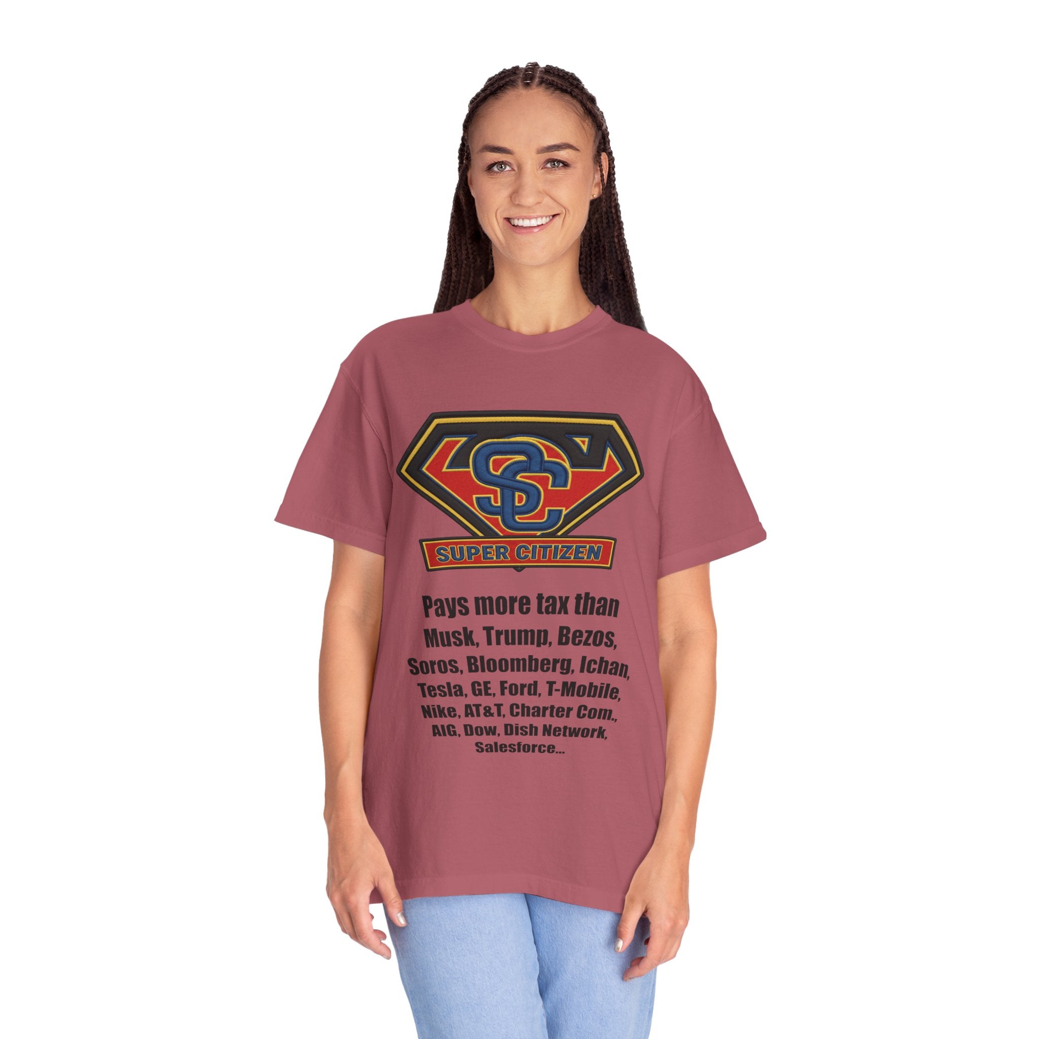Super Citizen Graphic T-Shirt — "Pays More Tax Than" Protest Tee (Black Text) -  A protest tee for everyday people. Regular citizens pay more taxes than wealthy ones.  Wear it to show your frustration...