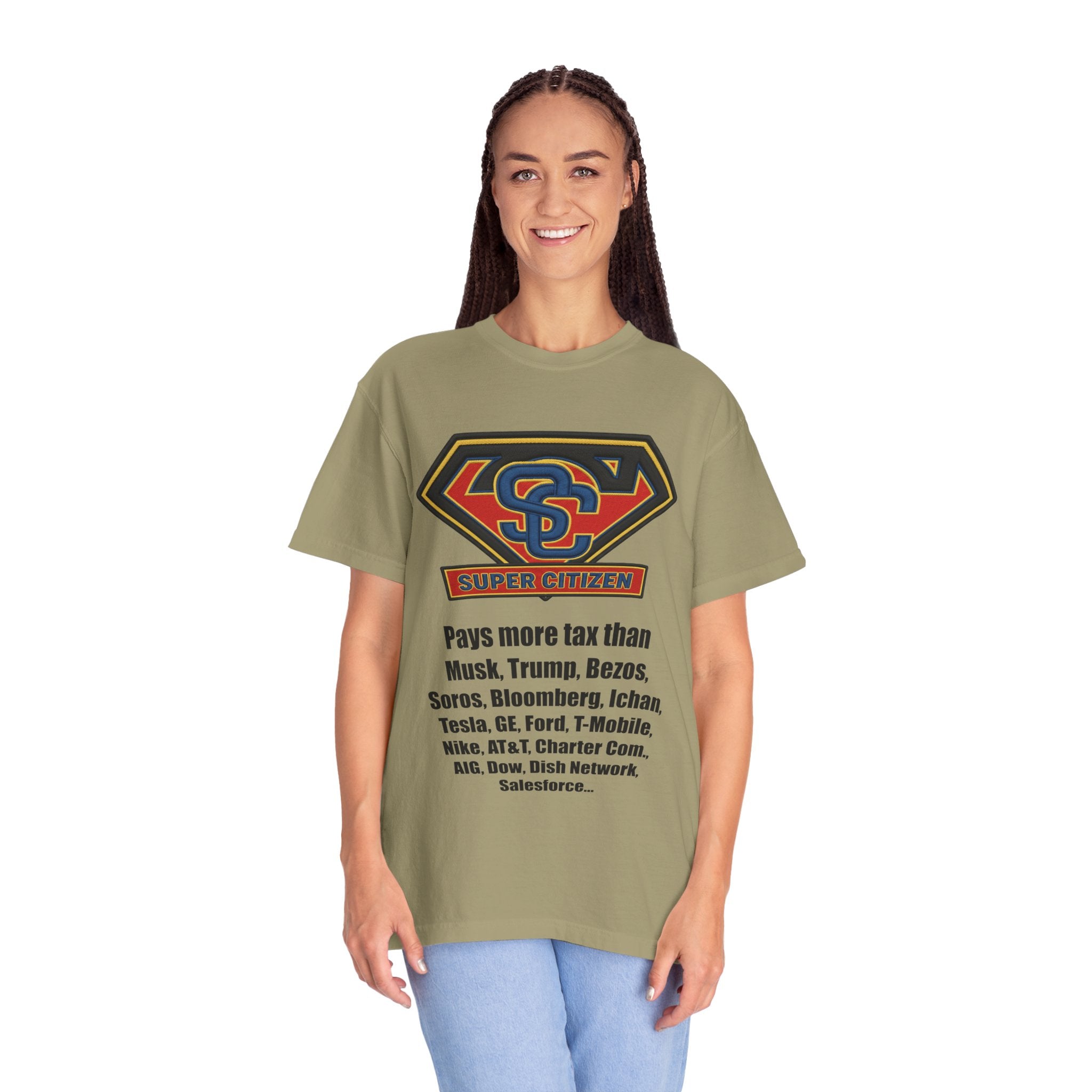 Super Citizen Graphic T-Shirt — "Pays More Tax Than" Protest Tee (Black Text) -  A protest tee for everyday people. Regular citizens pay more taxes than wealthy ones.  Wear it to show your frustration...