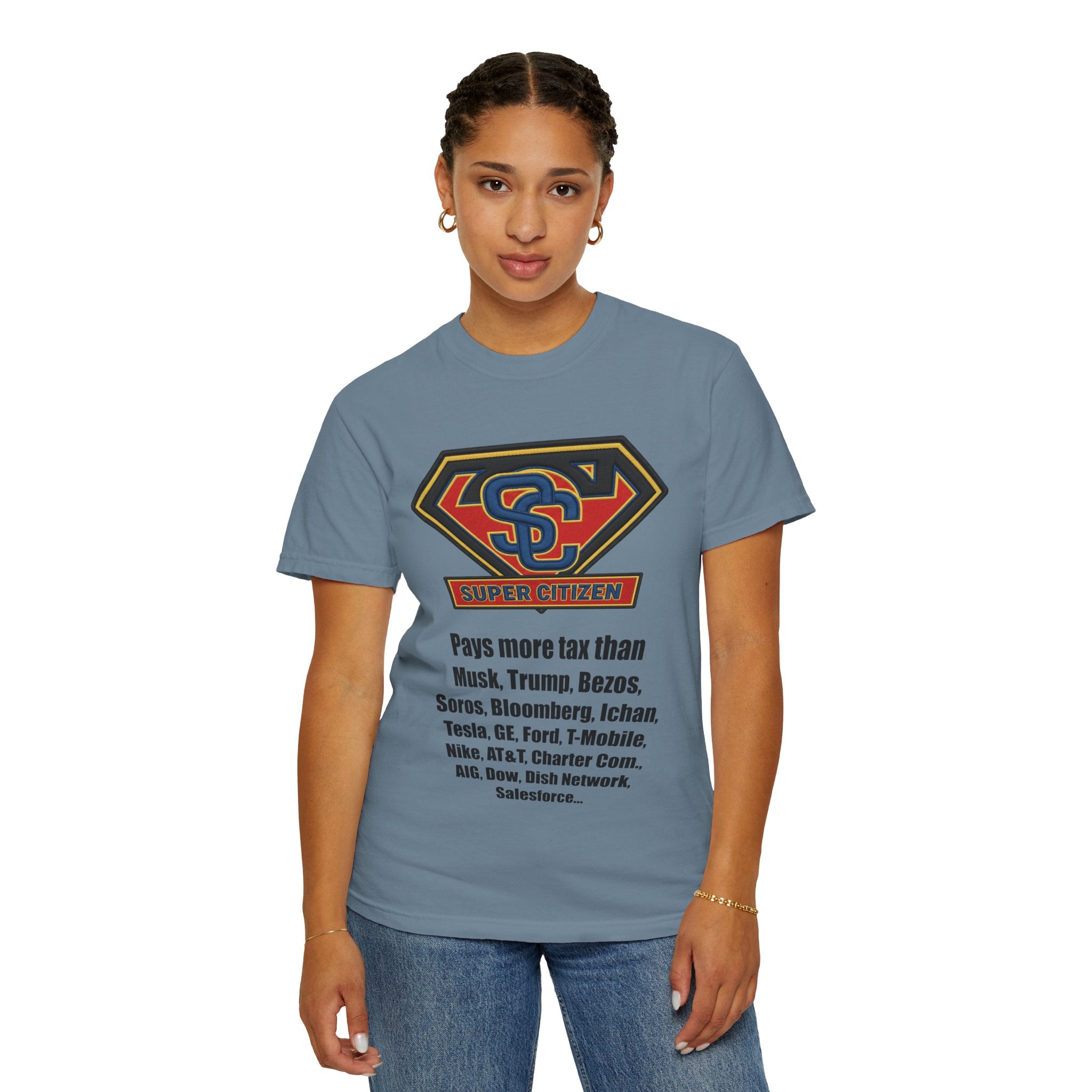 Super Citizen - Printed both sides — "Tax, Tax, Tax" Protest Tee (Black Text) - A protest tee for everyday people. Regular citizens pay so many and more taxes than wealthy ones. Wear it to show your...