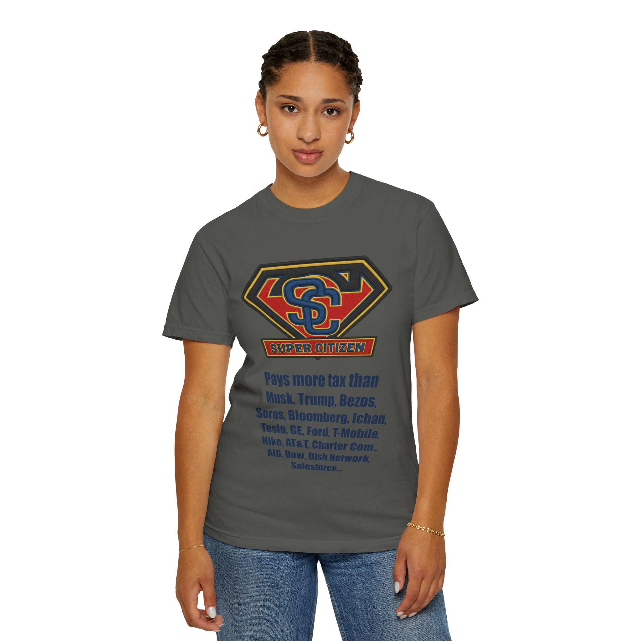 Super Citizen Graphic T-Shirt — "Pays More Tax Than" Protest Tee (Blue Text) -  A protest tee for everyday people. Regular citizens pay more taxes than wealthy ones.  Wear it to show your frustration...