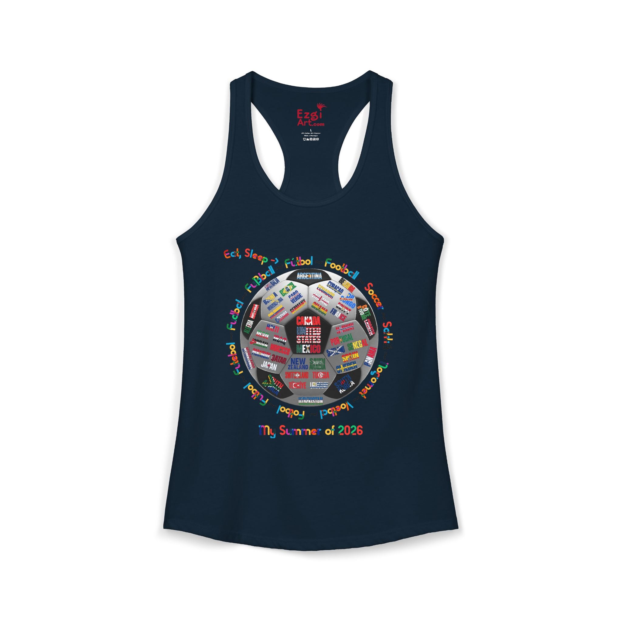 Eat, Sleep, Soccer in Different Languages | Women's Racerback Tank