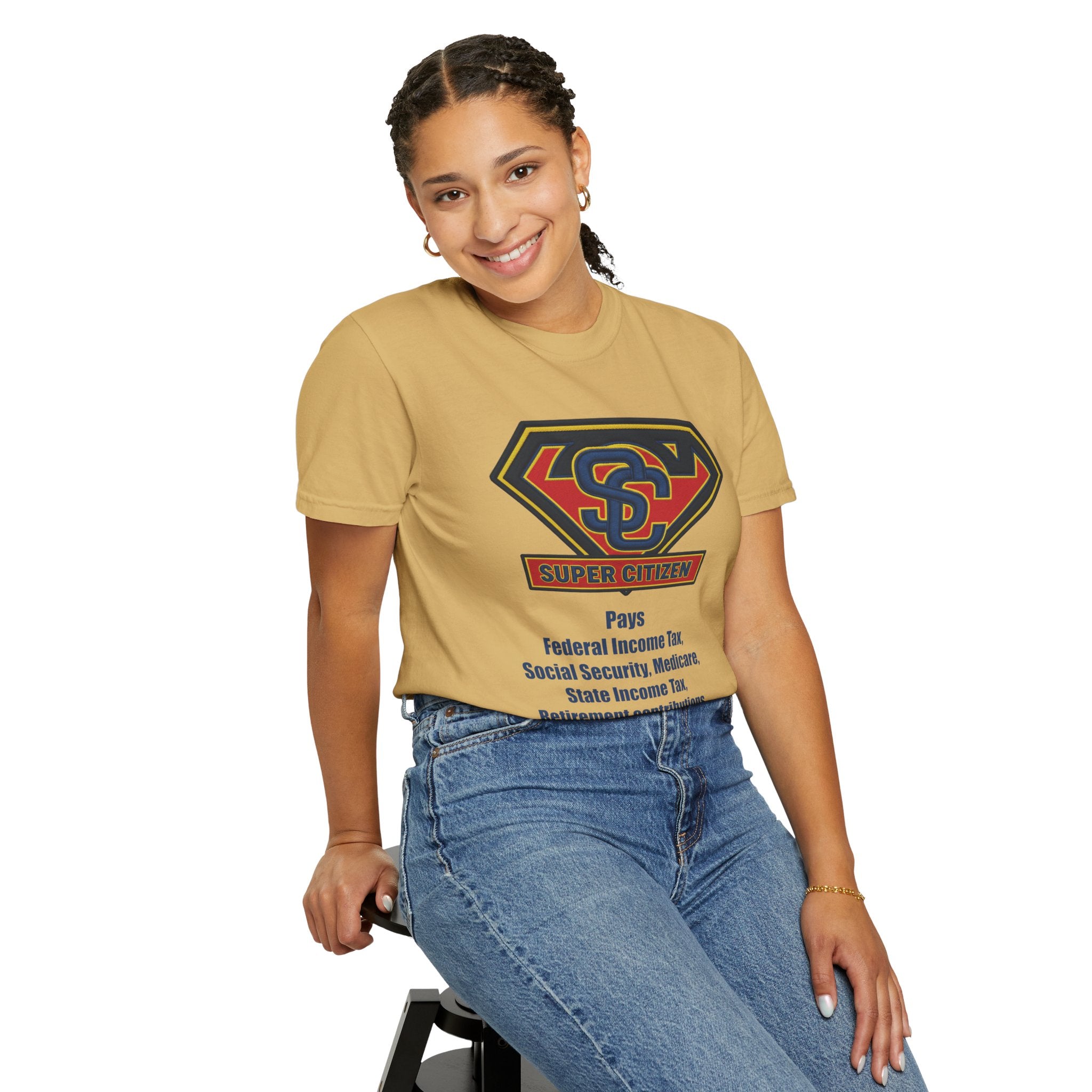 Super Citizen Graphic T-Shirt — "Pays so many taxes" (Blue text) - A protest tee for everyday people. Regular citizens pay taxes at every step of life—income, purchases, property—while the burden...
