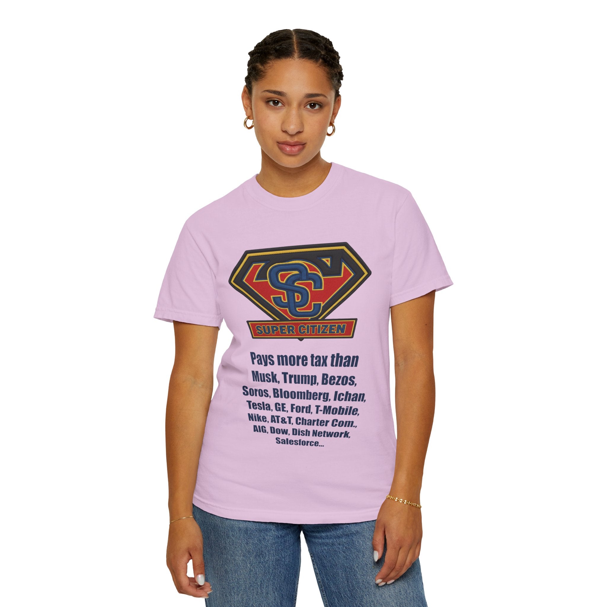 Super Citizen - Printed both sides — "Tax, Tax, Tax" Protest Tee (Blue Text) -  A protest tee for everyday people. Regular citizens pay so many and more taxes than wealthy ones.  Wear it to show your...