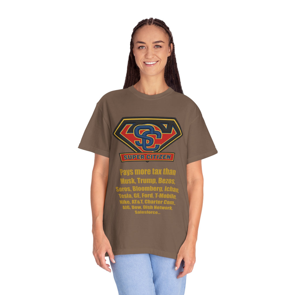Super Citizen Graphic T-Shirt — "Pays More Tax Than" Protest Tee (Yellow Text) - A protest tee for everyday people. Regular citizens pay more taxes than wealthy ones. Wear it to show your frustration...