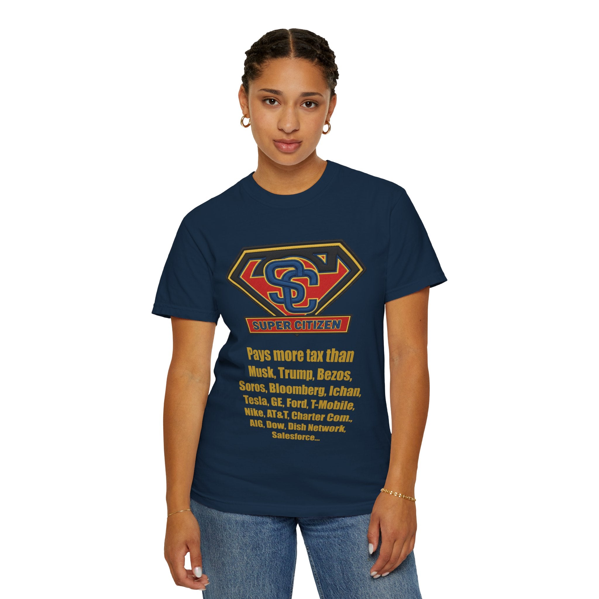 Super Citizen Graphic T-Shirt — "Pays More Tax Than" Protest Tee (Yellow Text) - A protest tee for everyday people. Regular citizens pay more taxes than wealthy ones. Wear it to show your frustration...
