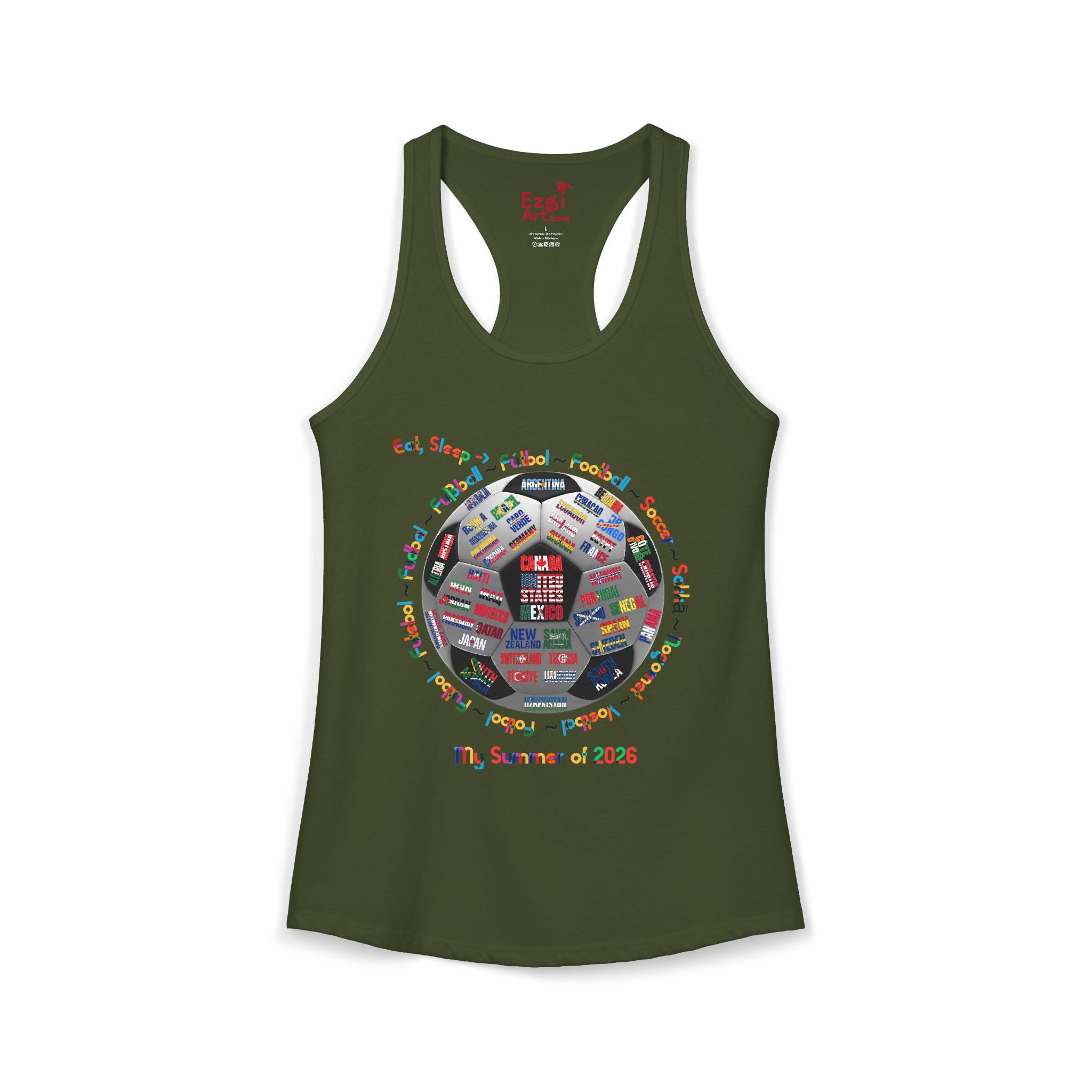 Eat, Sleep, Soccer in Different Languages | Women's Racerback Tank