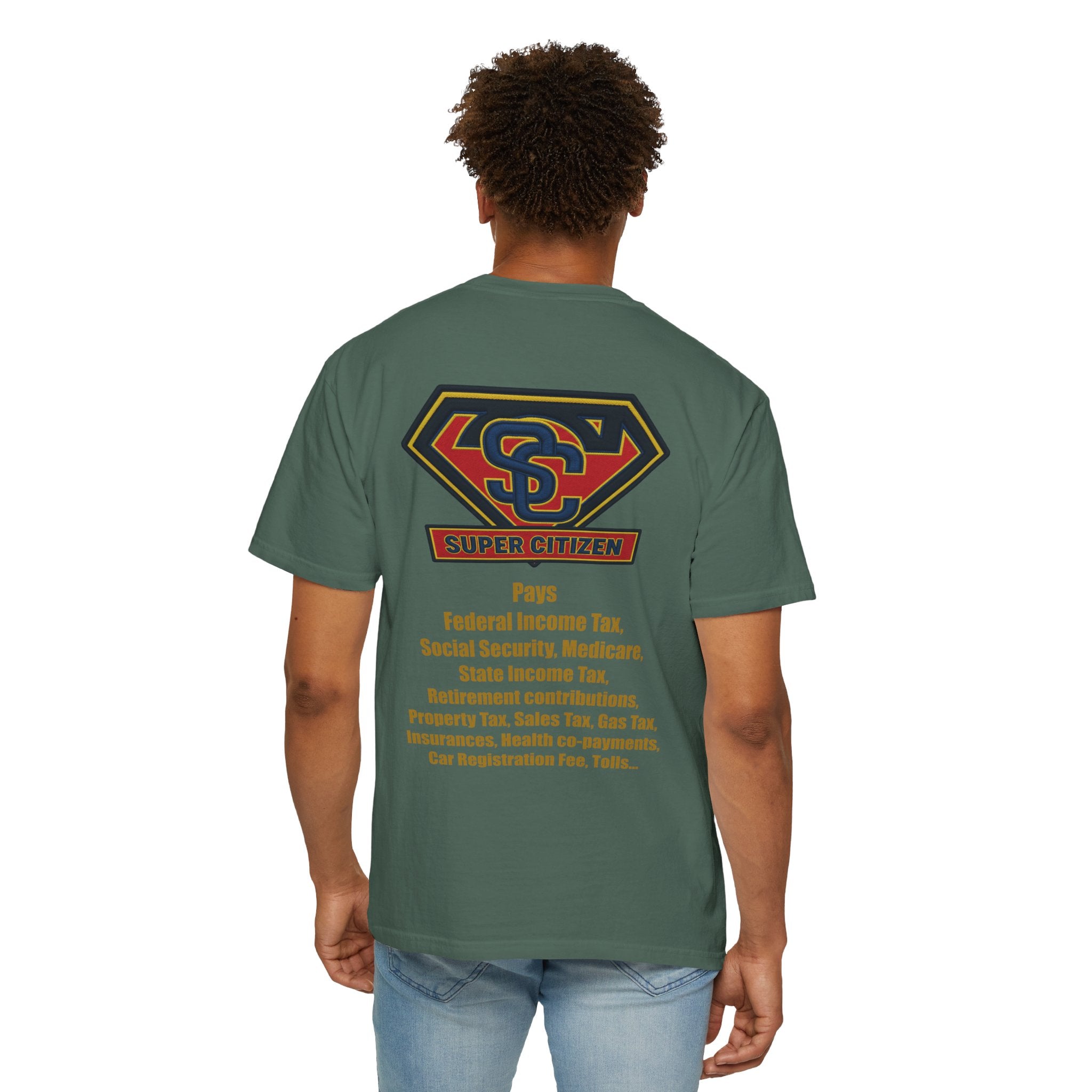 Super Citizen - Printed both sides — "Tax, Tax, Tax" Protest Tee (Yellow Text) - A protest tee for everyday people. Regular citizens pay so many and more taxes than wealthy ones. Wear it to show your...