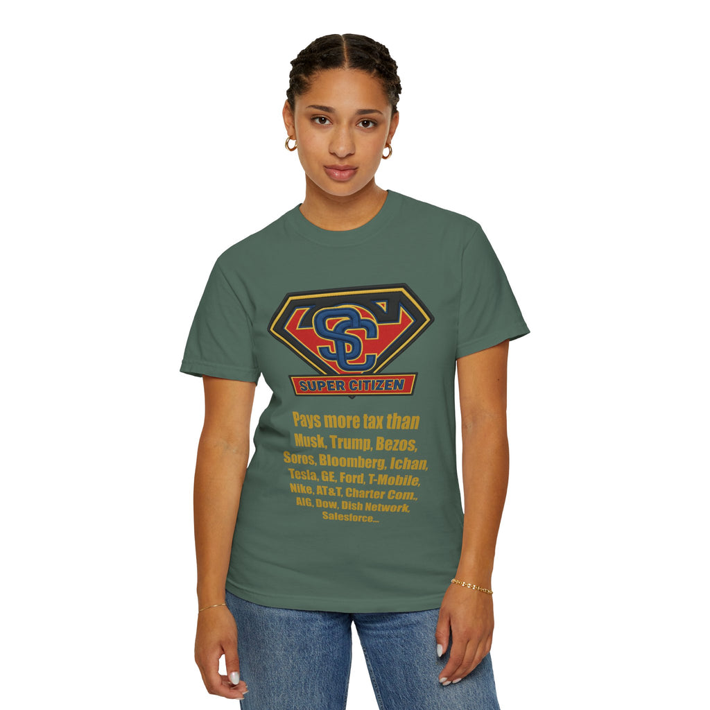 Super Citizen Graphic T-Shirt — "Pays More Tax Than" Protest Tee (Yellow Text) - A protest tee for everyday people. Regular citizens pay more taxes than wealthy ones. Wear it to show your frustration...