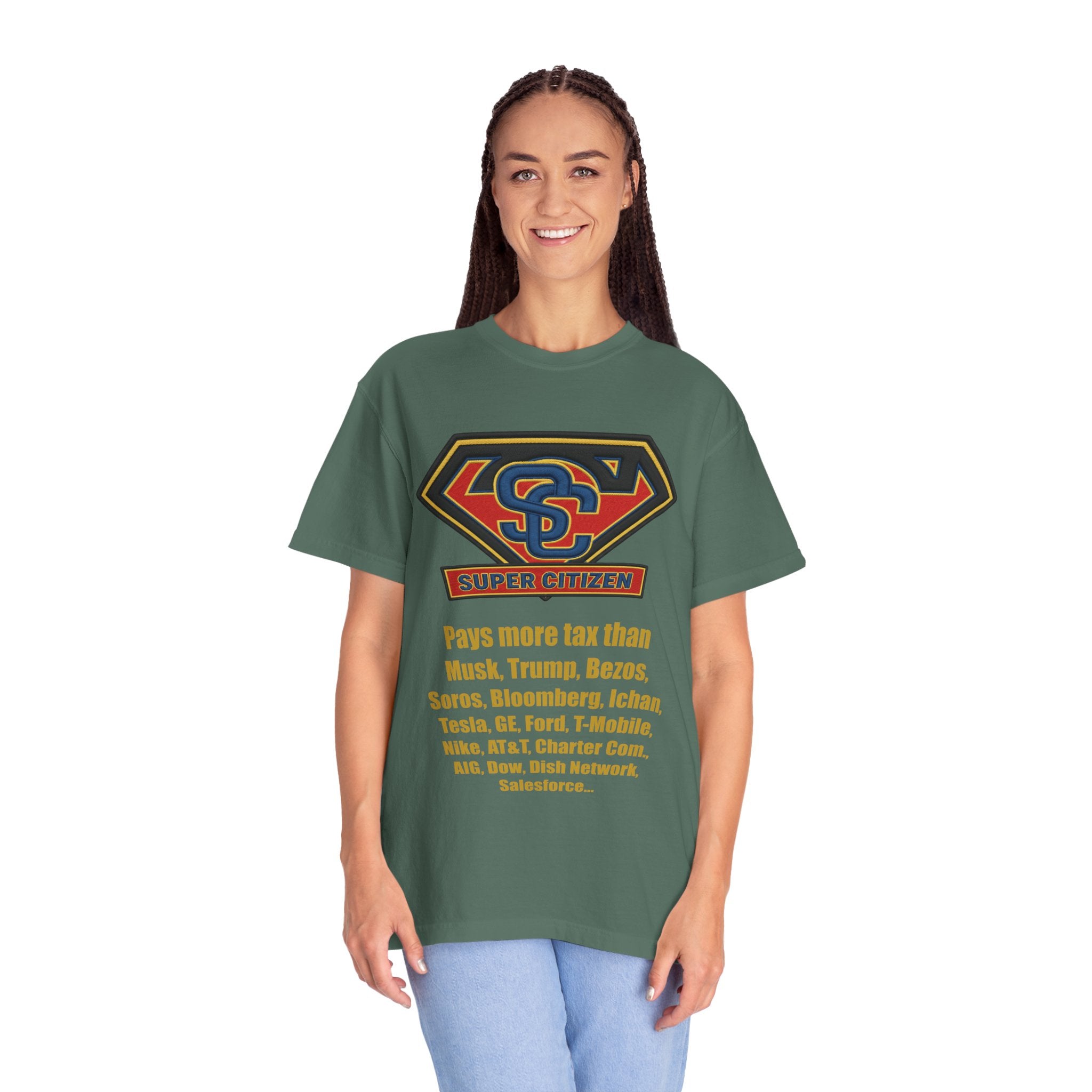 Super Citizen Graphic T-Shirt — "Pays More Tax Than" Protest Tee (Yellow Text) - A protest tee for everyday people. Regular citizens pay more taxes than wealthy ones. Wear it to show your frustration...