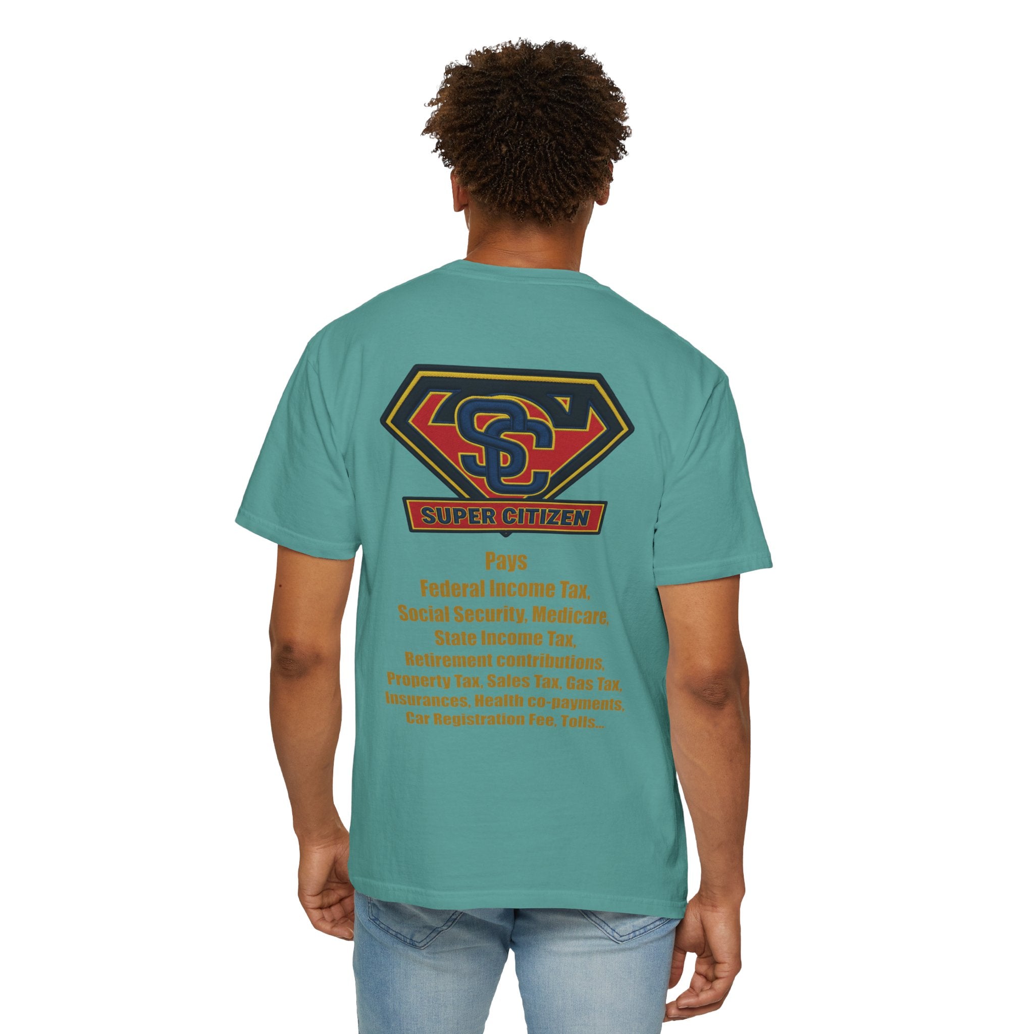 Super Citizen - Printed both sides — "Tax, Tax, Tax" Protest Tee (Yellow Text) - A protest tee for everyday people. Regular citizens pay so many and more taxes than wealthy ones. Wear it to show your...