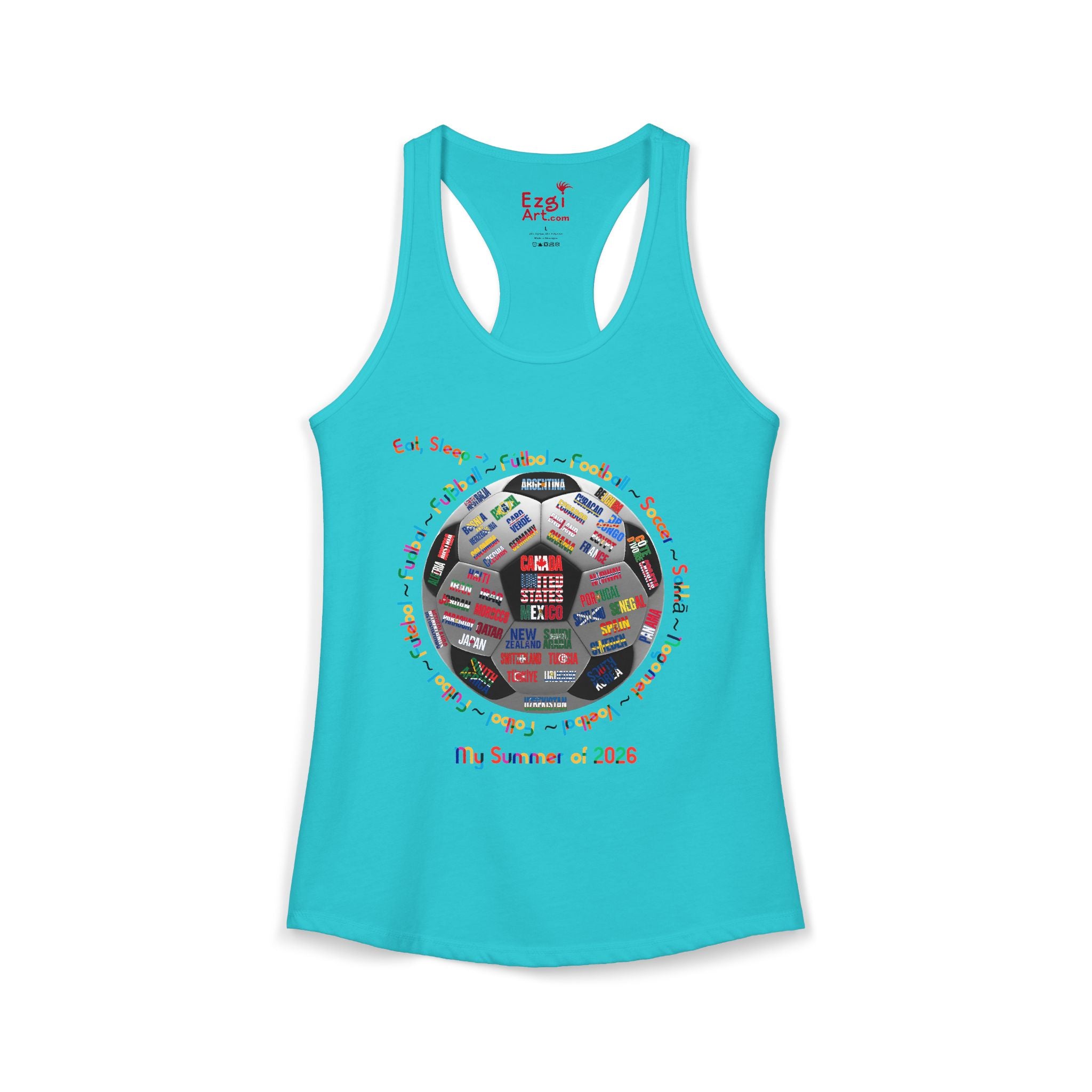 Eat, Sleep, Soccer in Different Languages | Women's Racerback Tank