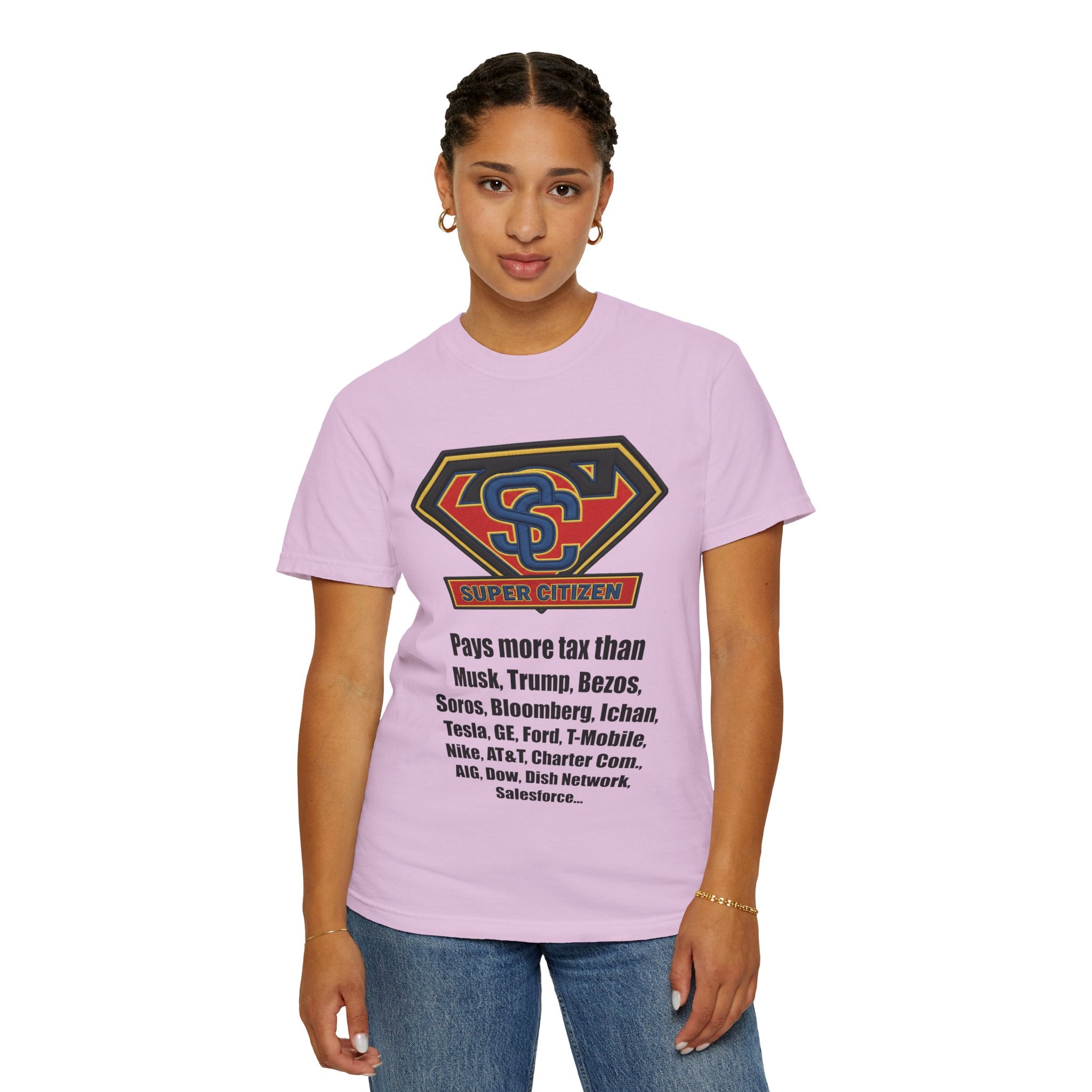 Super Citizen Graphic T-Shirt — "Pays More Tax Than" Protest Tee (Black Text) -  A protest tee for everyday people. Regular citizens pay more taxes than wealthy ones.  Wear it to show your frustration...