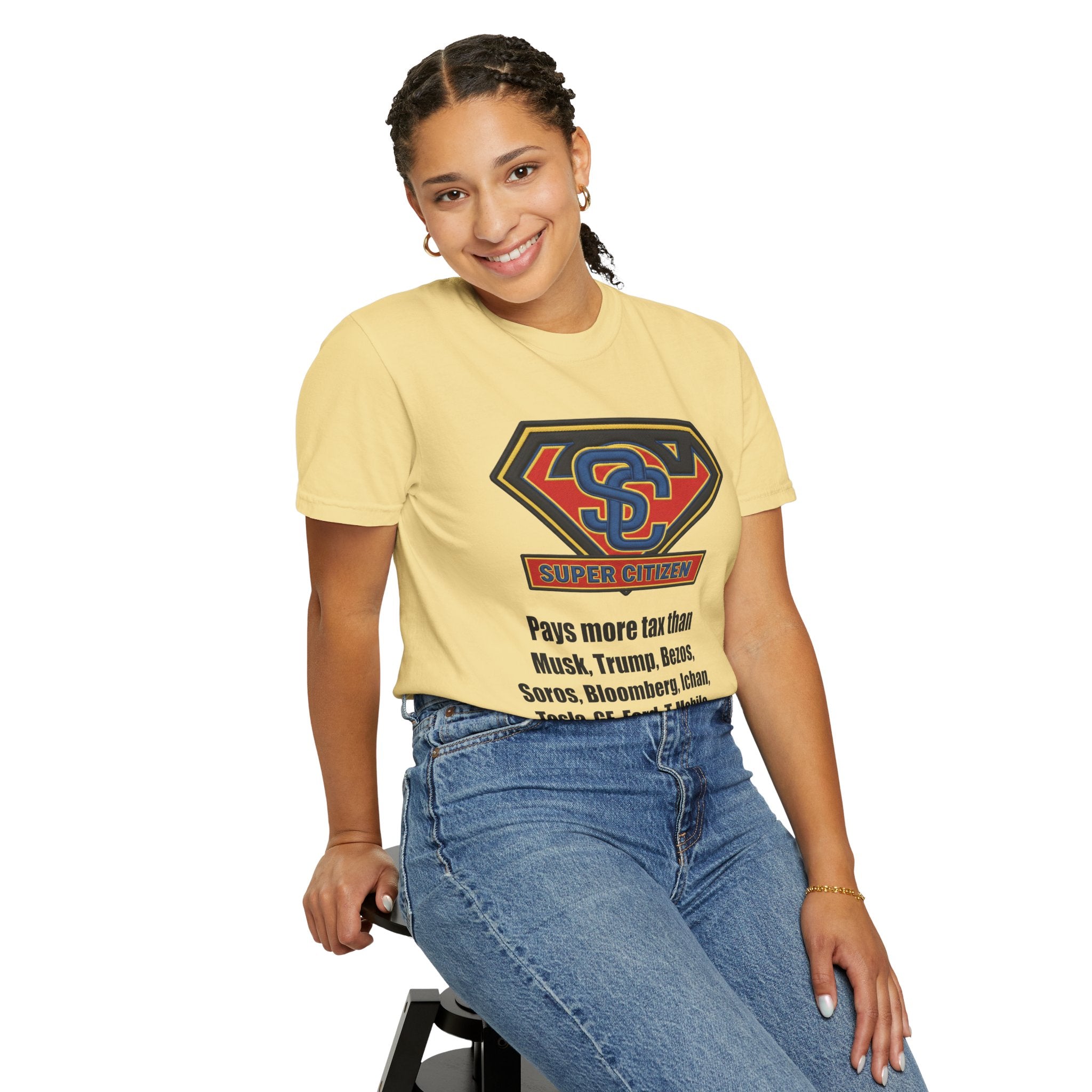 Super Citizen Graphic T-Shirt — "Pays More Tax Than" Protest Tee (Black Text) -  A protest tee for everyday people. Regular citizens pay more taxes than wealthy ones.  Wear it to show your frustration...