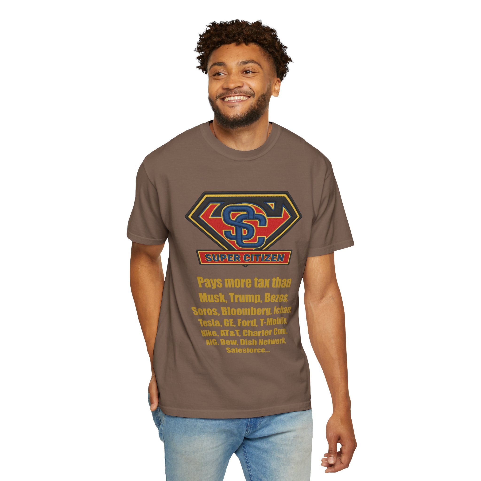 Super Citizen Graphic T-Shirt — "Pays More Tax Than" Protest Tee (Yellow Text) - A protest tee for everyday people. Regular citizens pay more taxes than wealthy ones. Wear it to show your frustration...
