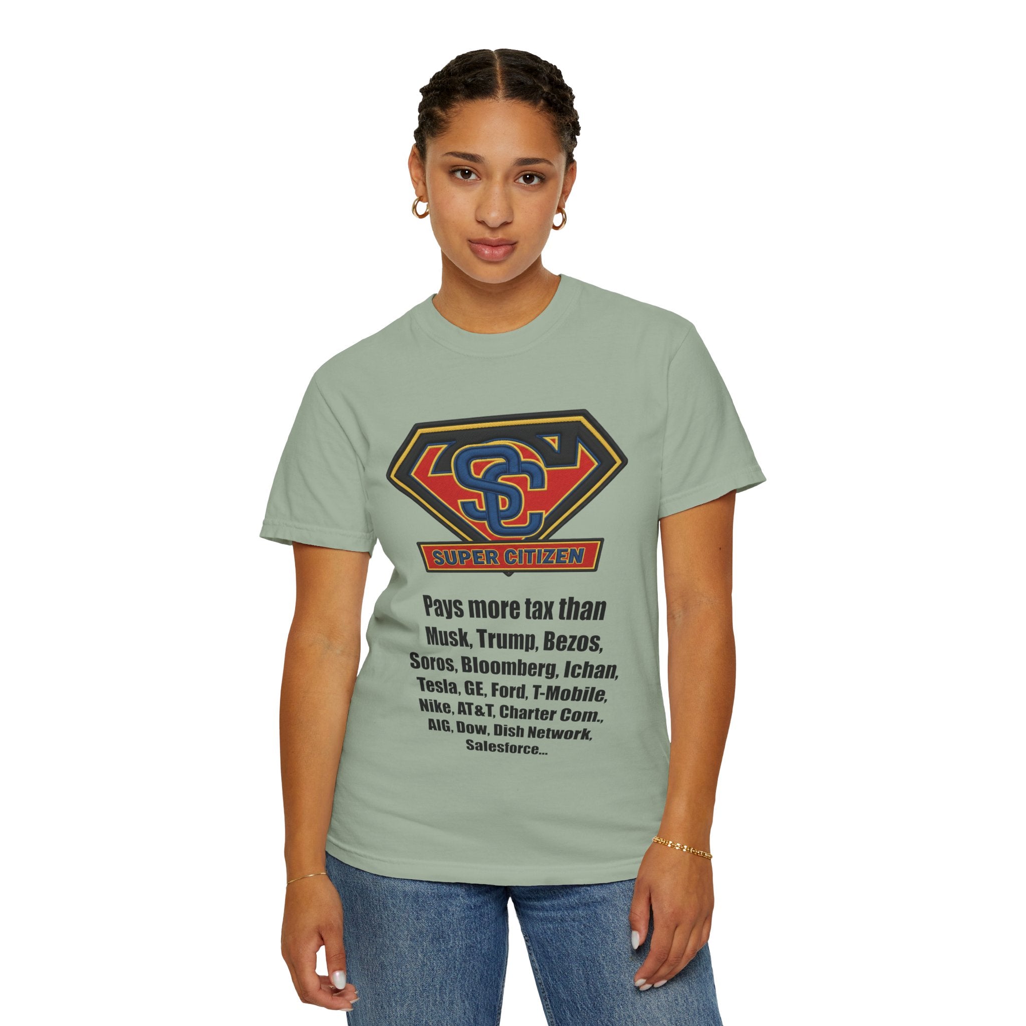 Super Citizen Graphic T-Shirt — "Pays More Tax Than" Protest Tee (Black Text) -  A protest tee for everyday people. Regular citizens pay more taxes than wealthy ones.  Wear it to show your frustration...