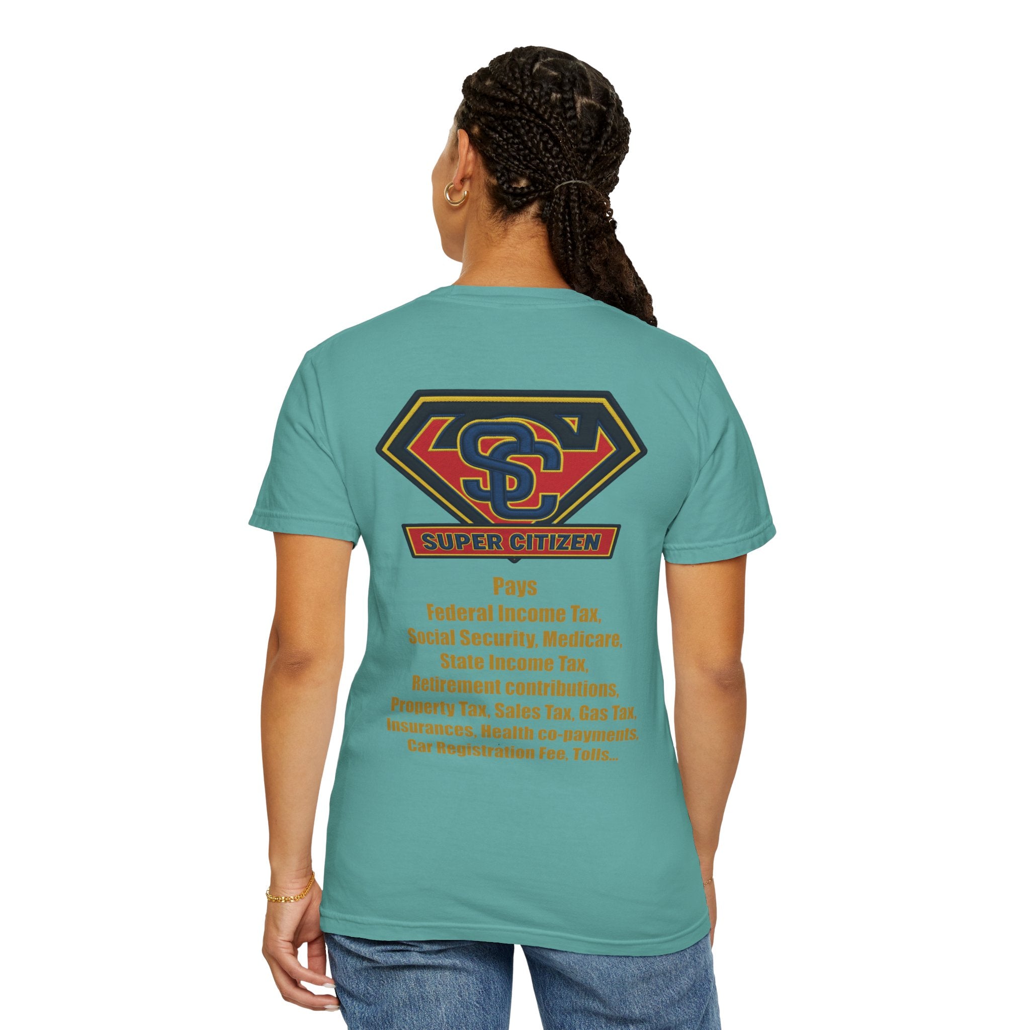Super Citizen - Printed both sides — "Tax, Tax, Tax" Protest Tee (Yellow Text) - A protest tee for everyday people. Regular citizens pay so many and more taxes than wealthy ones. Wear it to show your...