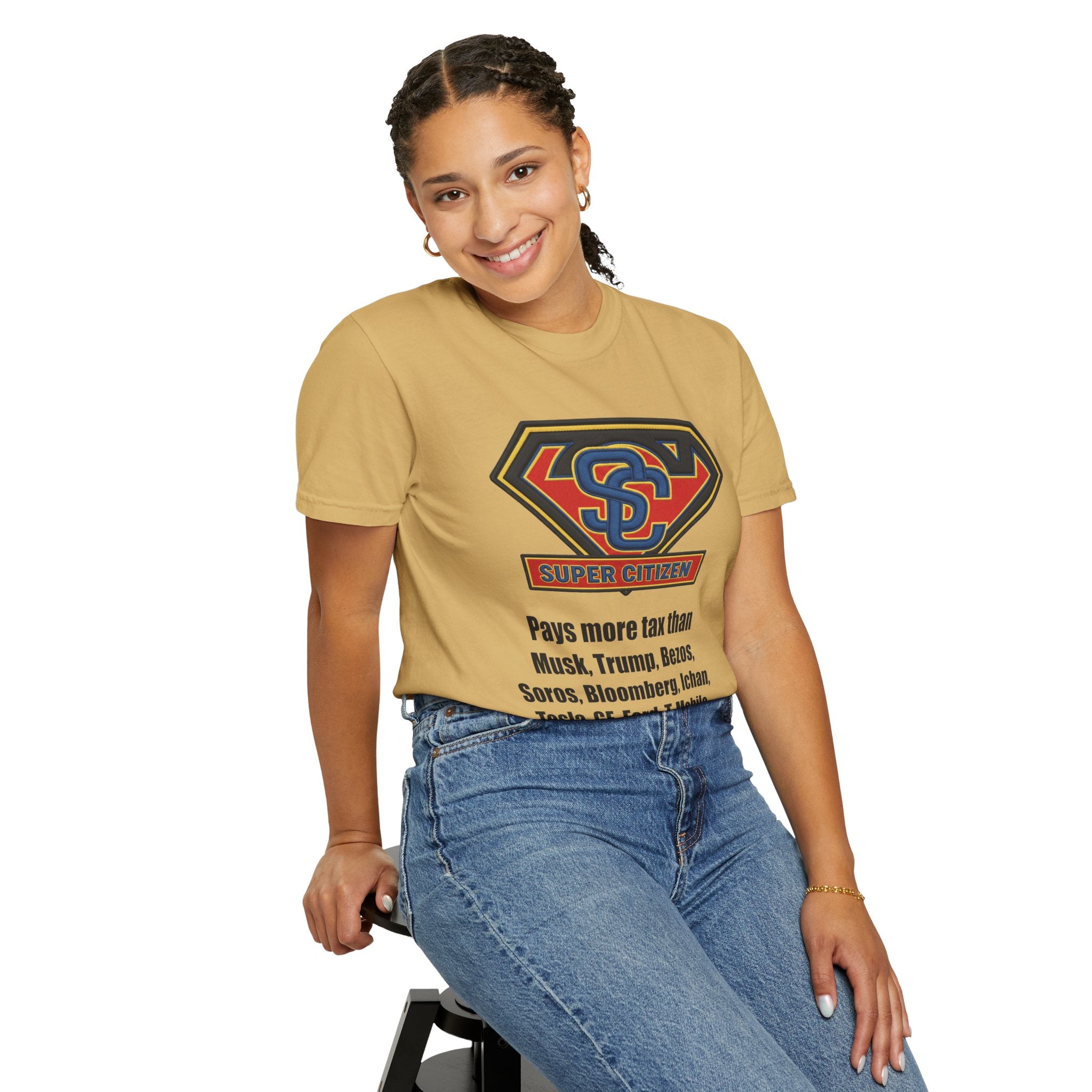 Super Citizen Graphic T-Shirt — "Pays More Tax Than" Protest Tee (Black Text) -  A protest tee for everyday people. Regular citizens pay more taxes than wealthy ones.  Wear it to show your frustration...