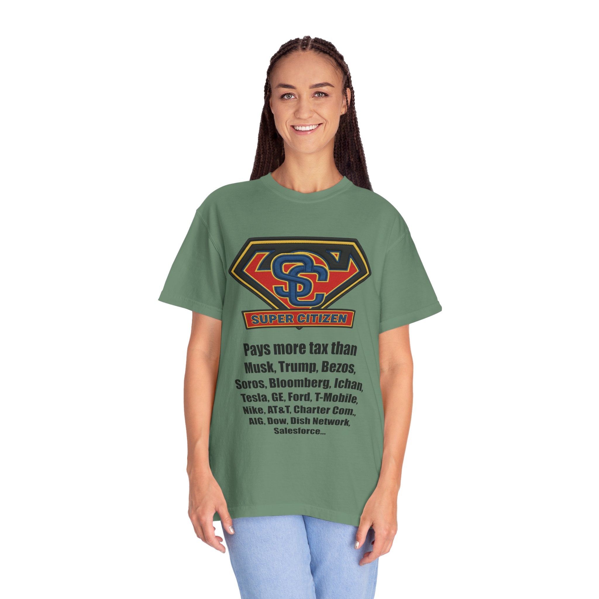 Super Citizen Graphic T-Shirt — "Pays More Tax Than" Protest Tee (Black Text) -  A protest tee for everyday people. Regular citizens pay more taxes than wealthy ones.  Wear it to show your frustration...