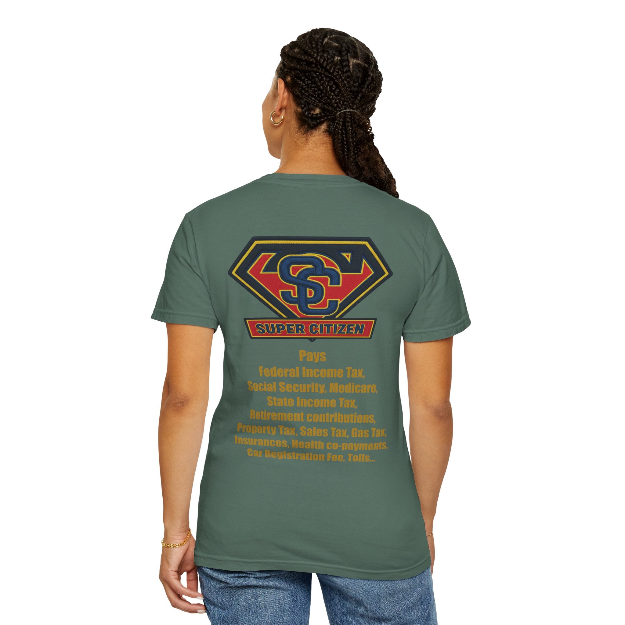 Super Citizen - Printed both sides — "Tax, Tax, Tax" Protest Tee (Yellow Text) - A protest tee for everyday people. Regular citizens pay so many and more taxes than wealthy ones. Wear it to show your...
