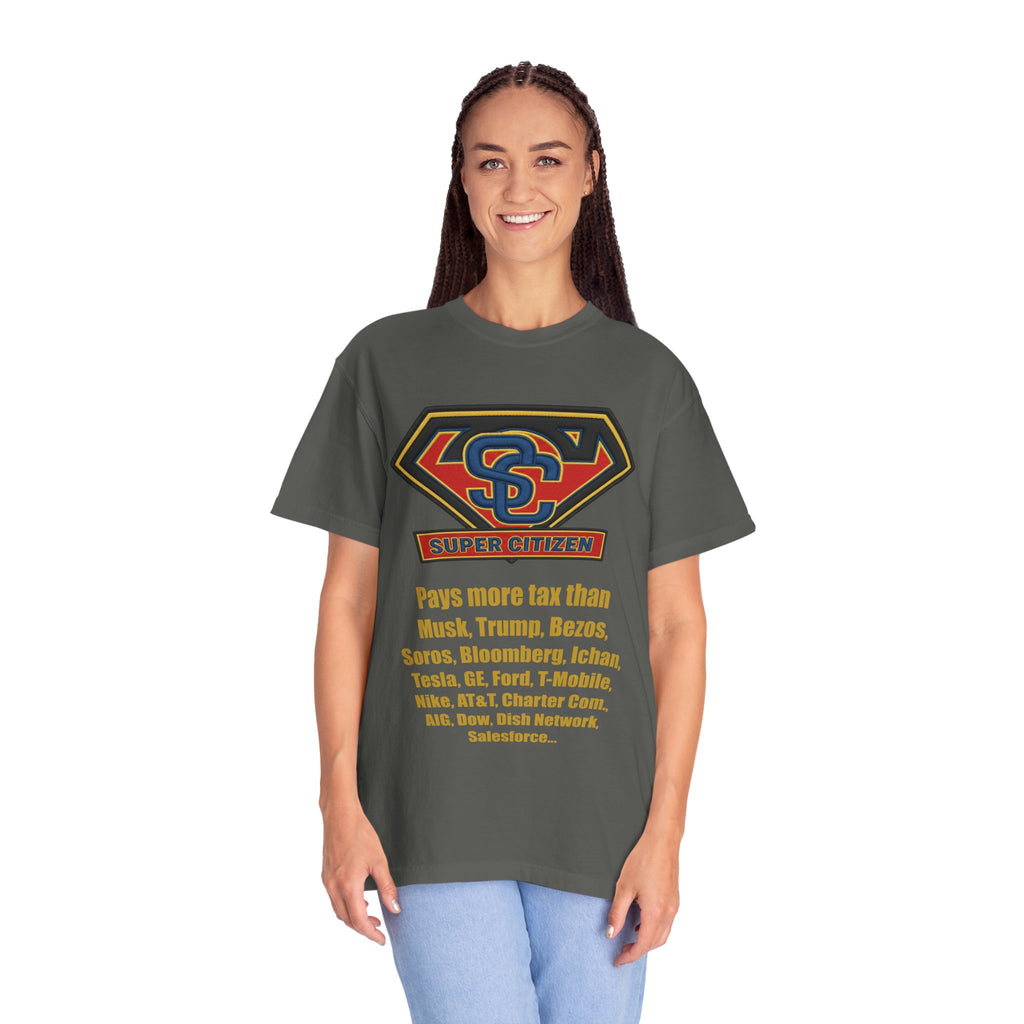 Super Citizen Graphic T-Shirt — "Pays More Tax Than" Protest Tee (Yellow Text) - A protest tee for everyday people. Regular citizens pay more taxes than wealthy ones. Wear it to show your frustration...