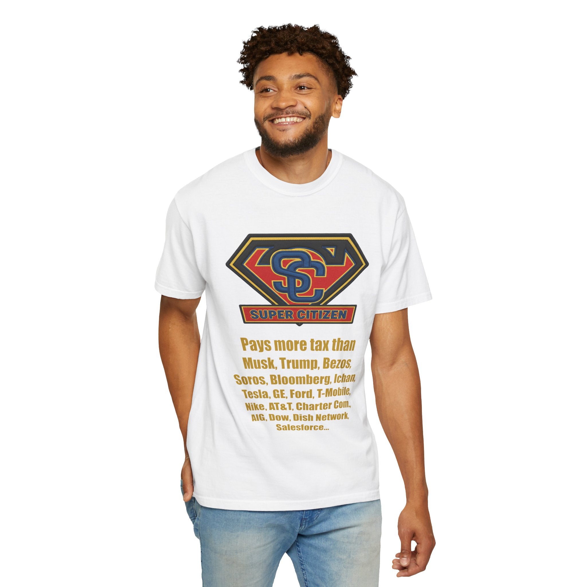Super Citizen - Printed both sides — "Tax, Tax, Tax" Protest Tee (Yellow Text) - A protest tee for everyday people. Regular citizens pay so many and more taxes than wealthy ones. Wear it to show your...