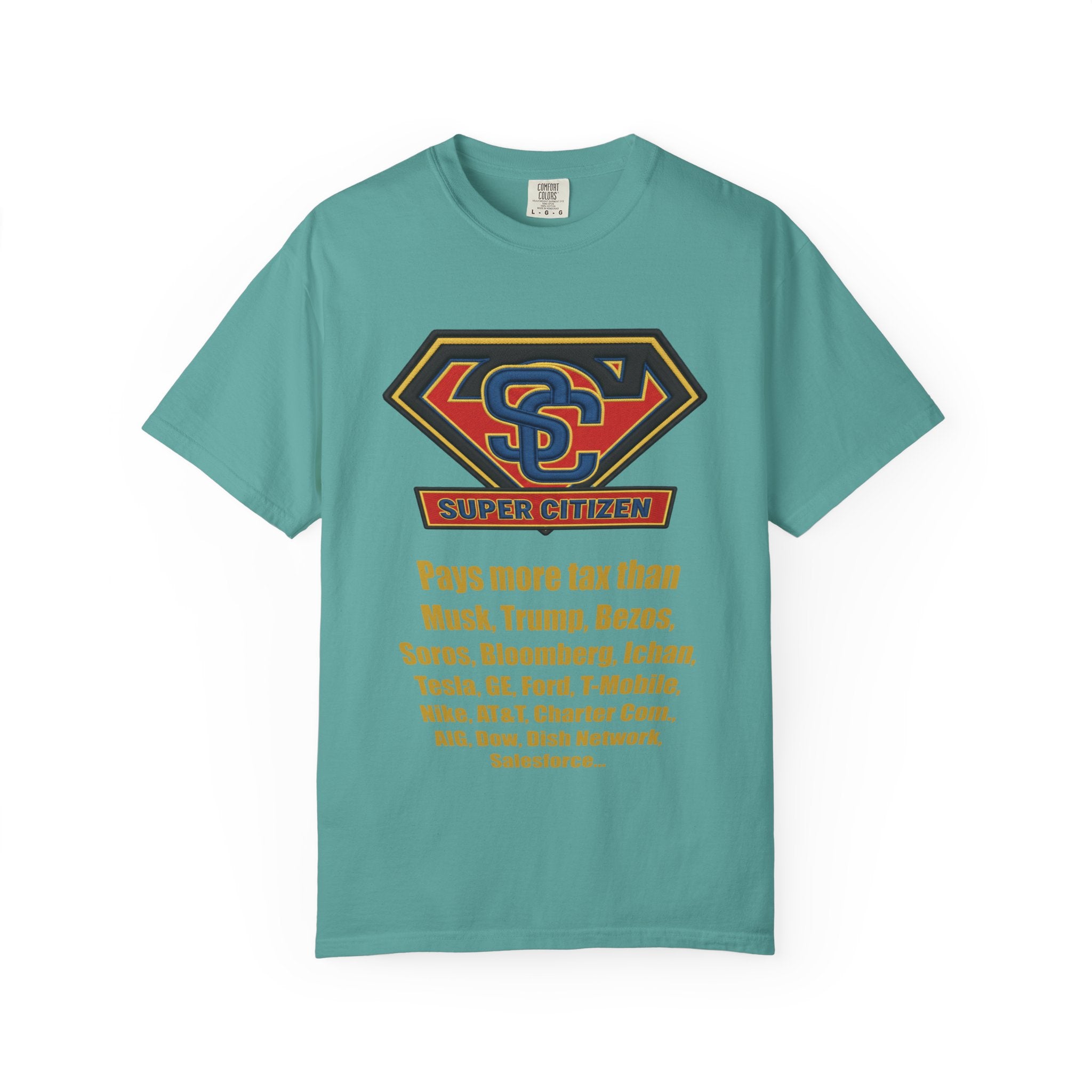 Super Citizen - Printed both sides — "Tax, Tax, Tax" Protest Tee (Yellow Text) - A protest tee for everyday people. Regular citizens pay so many and more taxes than wealthy ones. Wear it to show your...